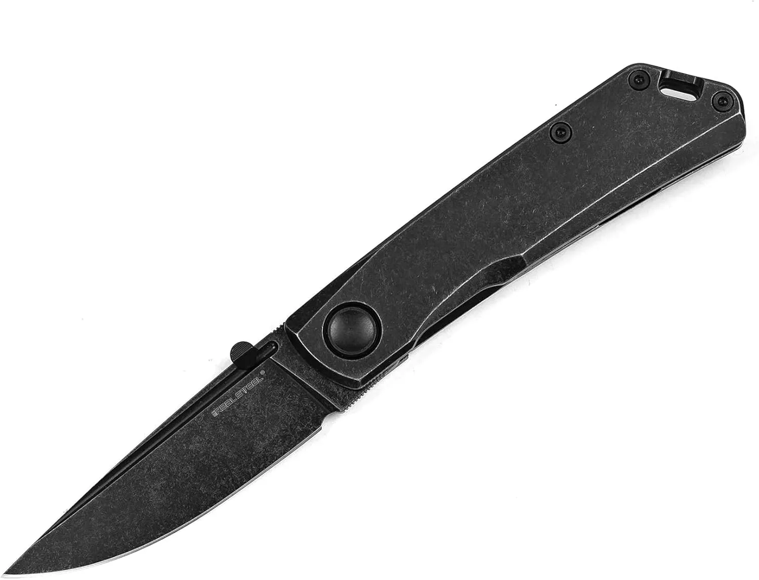Real Steel Luna Eco Folding Pocket Knife, Frame Lock - Bohler K110 Blade with Stainless Steel Handle - Perfect for Camping, Daily Cutting Tasks - EDC Knife for Men Women - Blackstone
