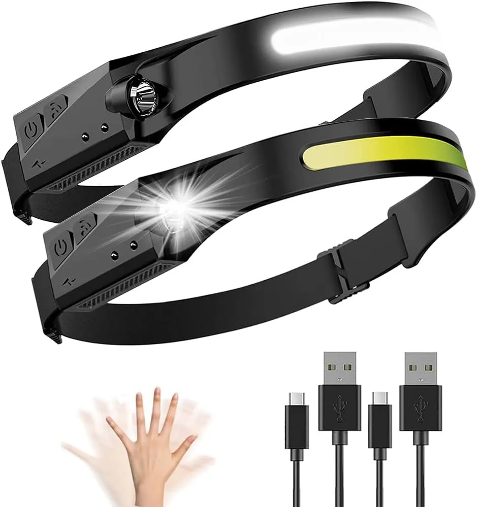 Rechargeable Headlamp, 2 Pack LED Headlamp Flashlight with Sensor Mode, 230° Wide Beam & Spotligh, Lightweight Head Lamp with Clips for Hardhat, Camping Running Hiking Repairing Fishing Cycling