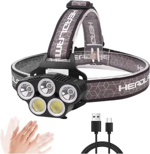 Rechargeable LED Head Torch, 5 LED 10000 Lumens Headlamp Flashlight, Motion Sensor Waterproof 6 Modes XPE & Headlight Super Bright Head Torches for Camping, Fishing, Hiking, Cycling