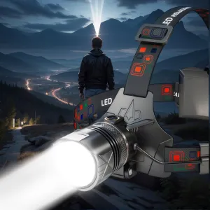 Rechargeable LED Headlamp, Ultra Bright, 500-800 Meters Long Range, High/Low/Strobe Modes and Warning Light, with Motion Sensor Adjustable Headband Headlamp, 90°, for Outdoor Hiking, Camping