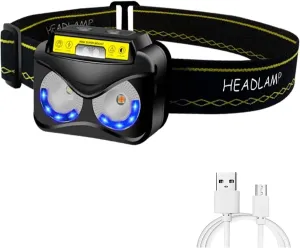 Rechargeable Waterproof Headlamp, 5000 Lumens LED Headlight Zoomable, 6 Modes, Motion Sensor Switch Powerful USB Head Light for Camping Fishing Running Hiking Outdoors Lights