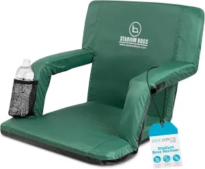 Recliner Stadium Seat for Bleachers, Benches, Lawns, Backyard, Camping & Beach – Padded Sport Chair, Cushion Backs & Armrest – 6 Reclining Positions – Portable Carry Straps – Dark Green