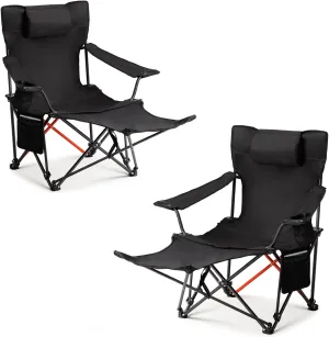 Reclining Camping Chair with Foot Rest,2 Pack Folding Beach Lounge Chair w/Adjustable Backrest & Removable Footrest,Headrest,Cup Holder,Storage Bag,Collapsible Chairs for Sports Fishing,Black 2 Pcs