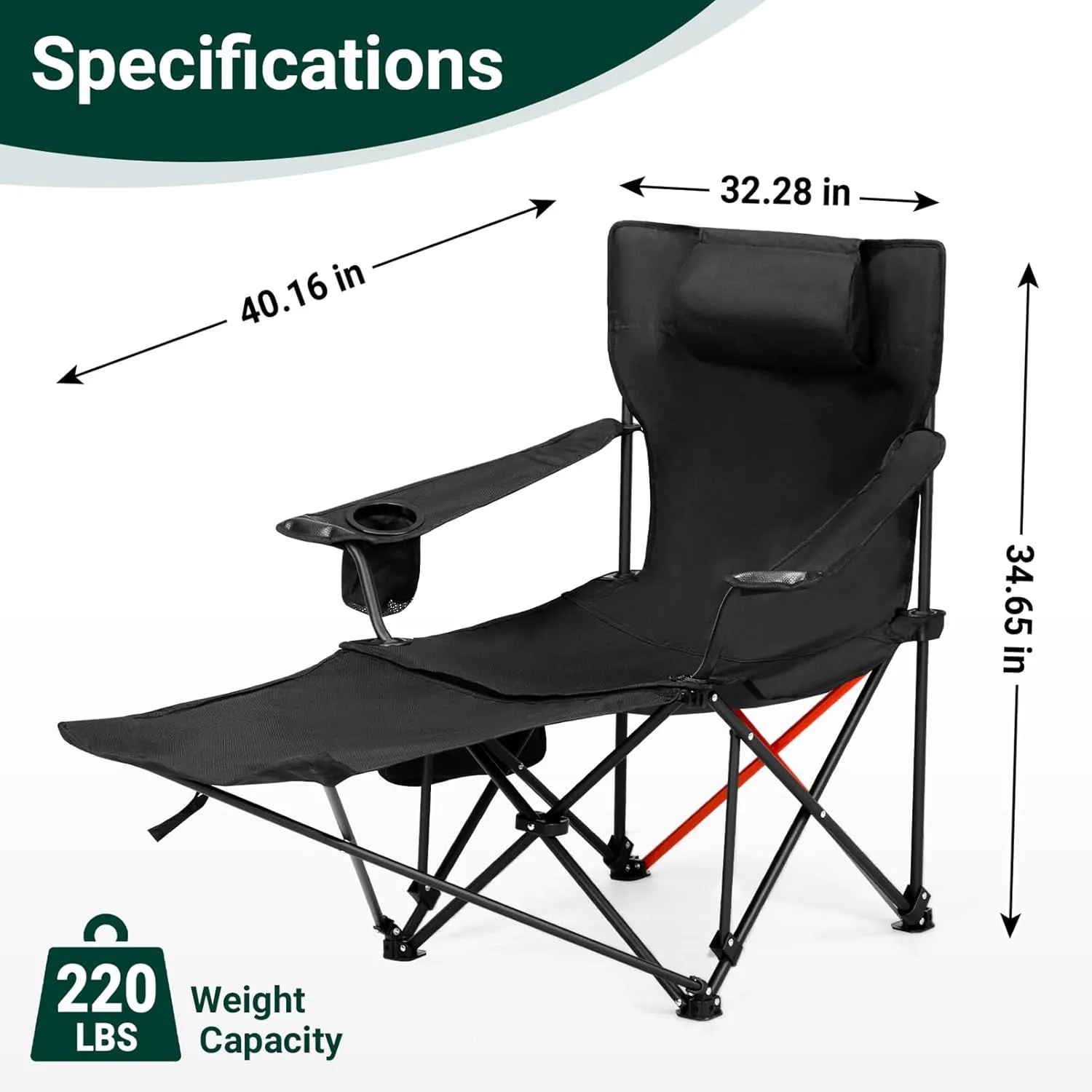 Reclining Camping Chair with Foot Rest,2 Pack Folding Beach Lounge Chair w/Adjustable Backrest & Removable Footrest,Headrest,Cup Holder,Storage Bag,Collapsible Chairs for Sports Fishing,Black 2 Pcs