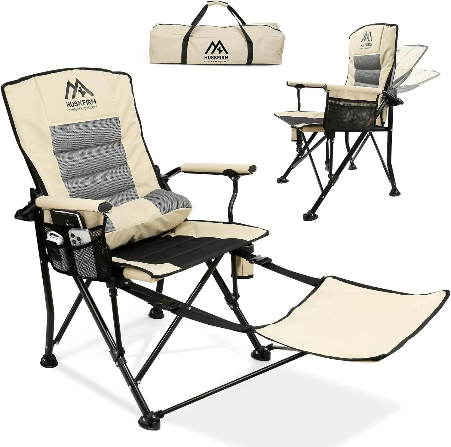 Reclining Camping Chairs with Footrest Folding Lounge Chair Support 400 LBS, 160 Degrees Adjustable Backrest Camp Chair with Lumbar Pillow Padded Beach Chairs for Adults