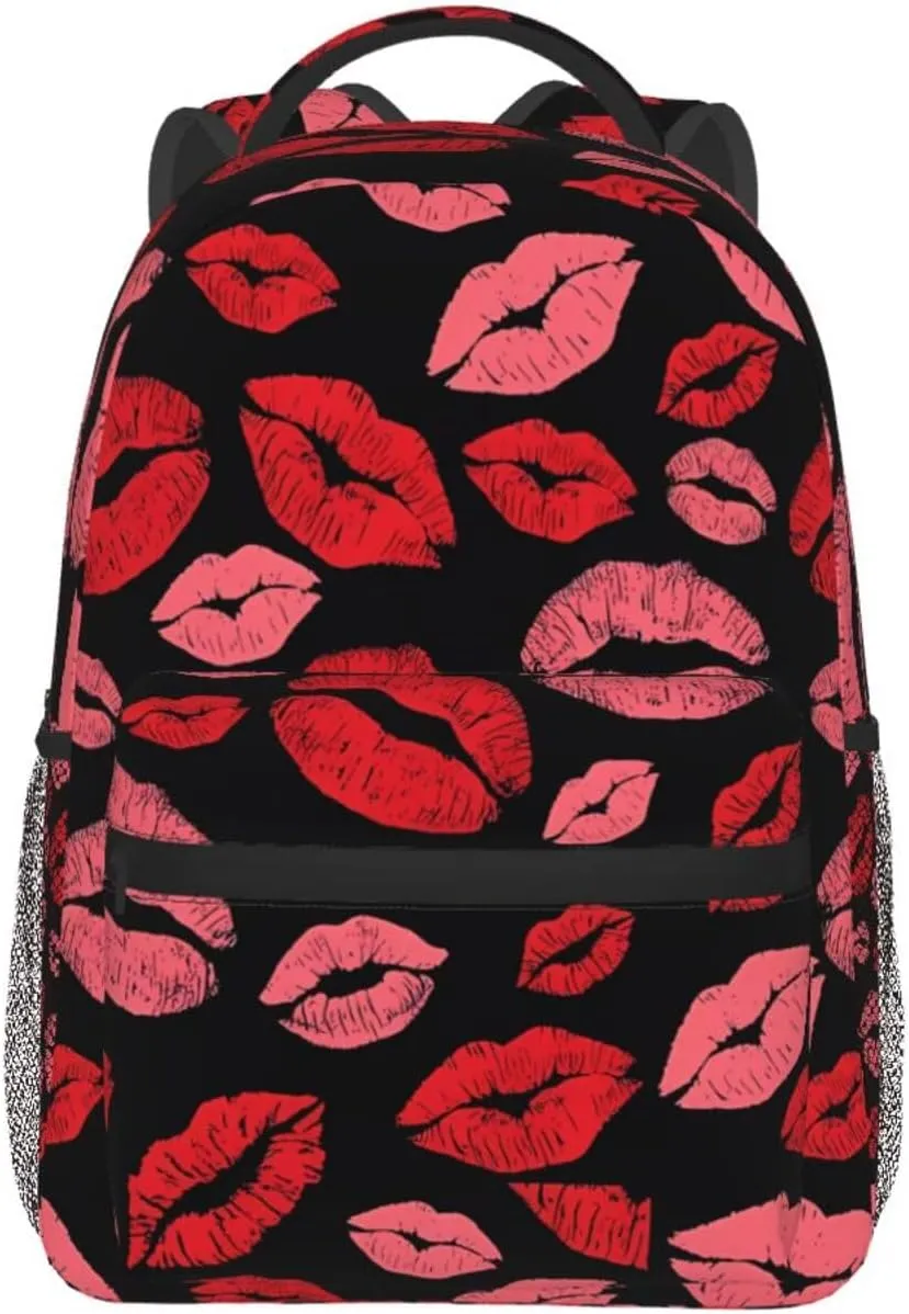 Red Valentines Lips Backpack Casual Laptop Backpack Lightweight Double Shoulder Bag Travel Daypack For Women Men