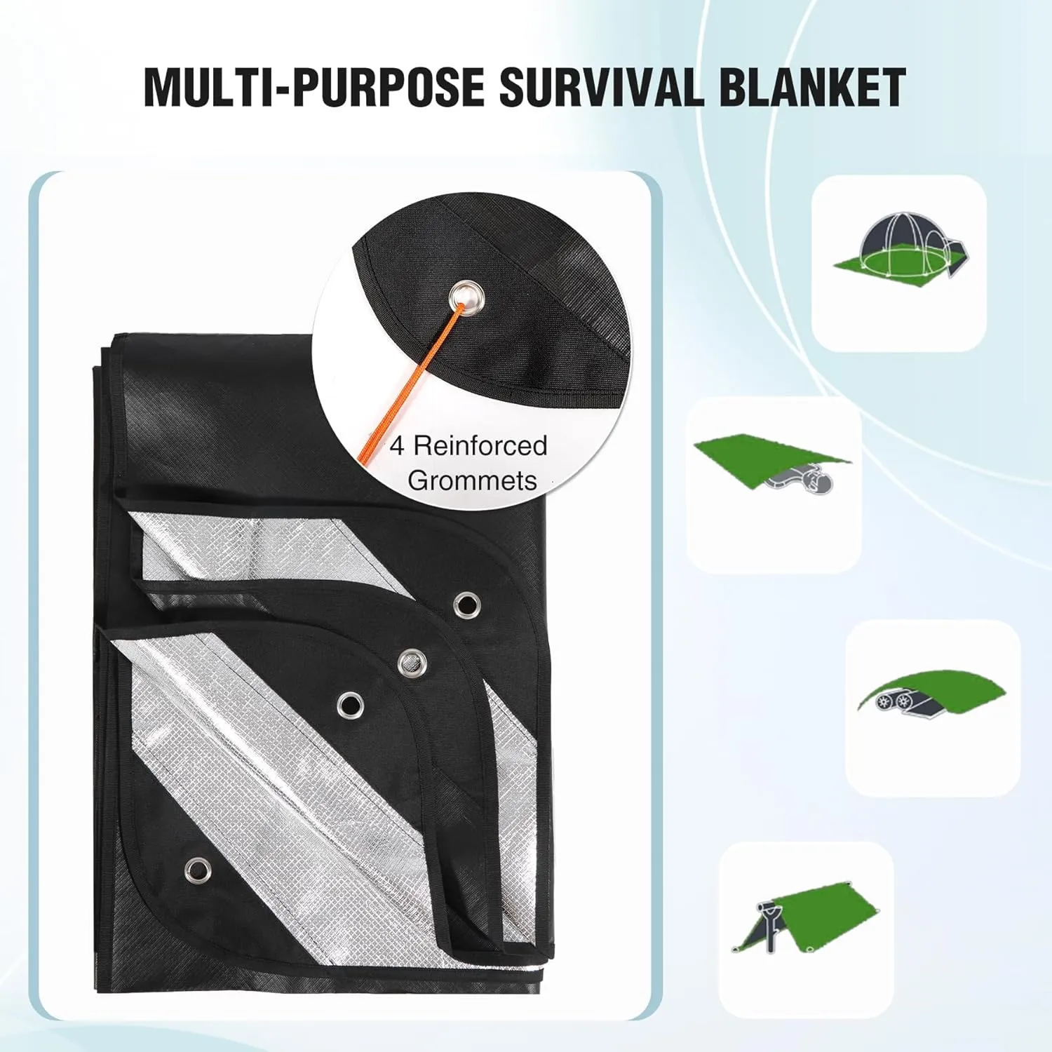 RedSwing 2 Pack Heavy Duty Waterproof Emergency Thermal Tarp, Insulated Survival Blanket for Outdoor Camping, Hiking, and Emergency Shelter, Black