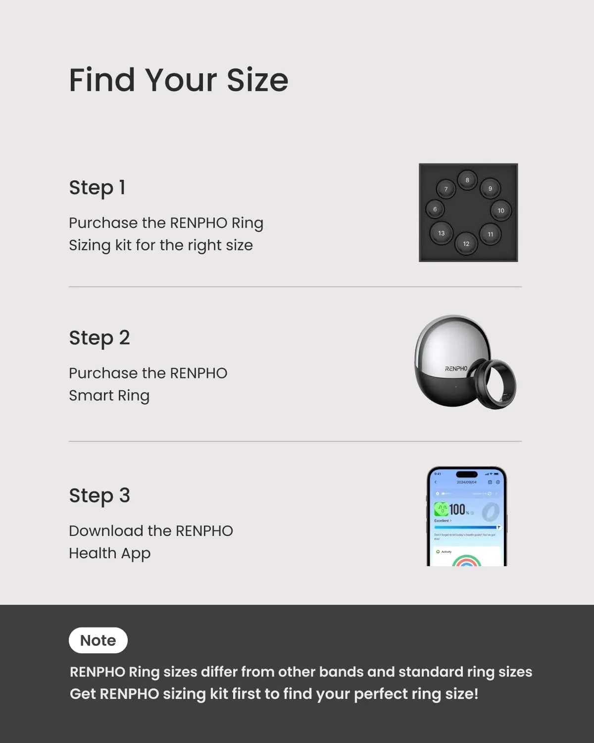 RENPHO Lynx Smart Ring, Size First with Sizing Kit, Fitness Tracker for Women & Men, Sleep Tracker, 7-Day Battery Life, Titanium, Waterproof, Subscription-Free App, HSA/FSA Eligible (Black, Size 9)