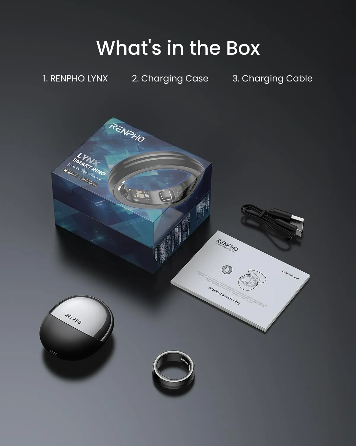 RENPHO Lynx Smart Ring, Size First with Sizing Kit, Fitness Tracker for Women & Men, Sleep Tracker, 7-Day Battery Life, Titanium, Waterproof, Subscription-Free App, HSA/FSA Eligible (Black, Size 9)