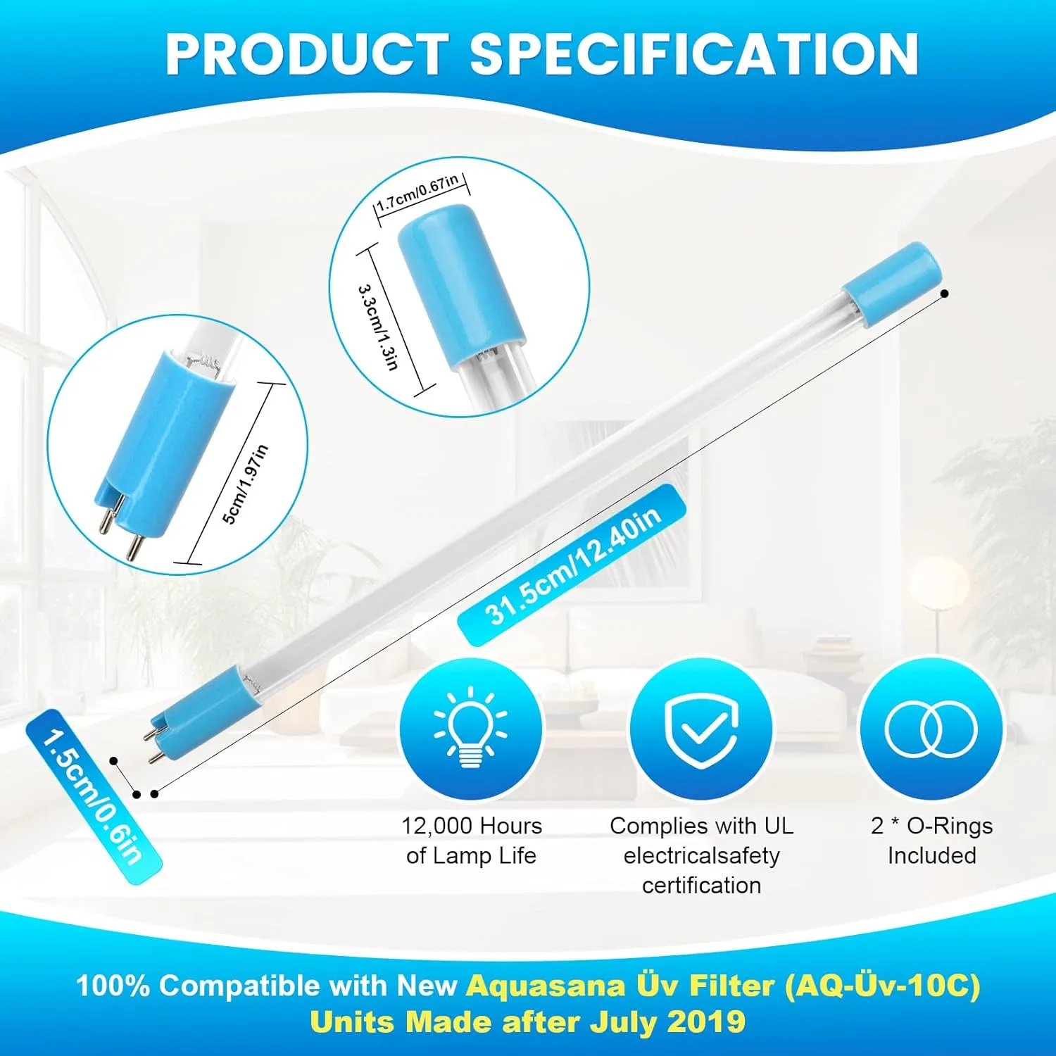 Replacement Üν Lamp AQ-ÜV-L330C for Aquasana Üν Whole House Water Filter, Üν Bulb 100% Compatible with New Aquasana Üν Filter (AQ-Üν-10C) Units Made after July 2019, Rated Time 18,000h, 1 Pack