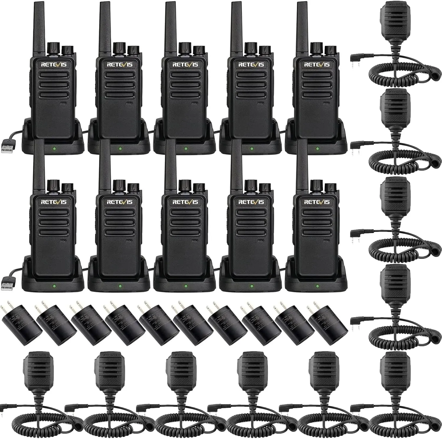 Retevis RT68 Walkie Talkies(10 Pack) Bundle with Shoulder Speaker Mic(10 Pack), Long Range Two Way Radio for Adults,Compact, Rugged, Heavy Duty 2 Way Radios Rechargeable with USB Charging Base