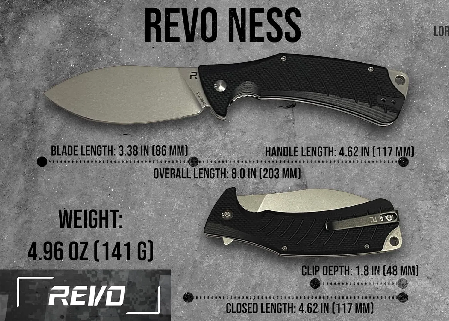 REVO Knives Ness Folding Pocket Knife; 3.375" 14C28N Stonewash Blade with Durable G10 Handle; Flip Tab Open, Secure Liner lock, Reversible Pocket Clip, EDC Tactical Knife (Black)