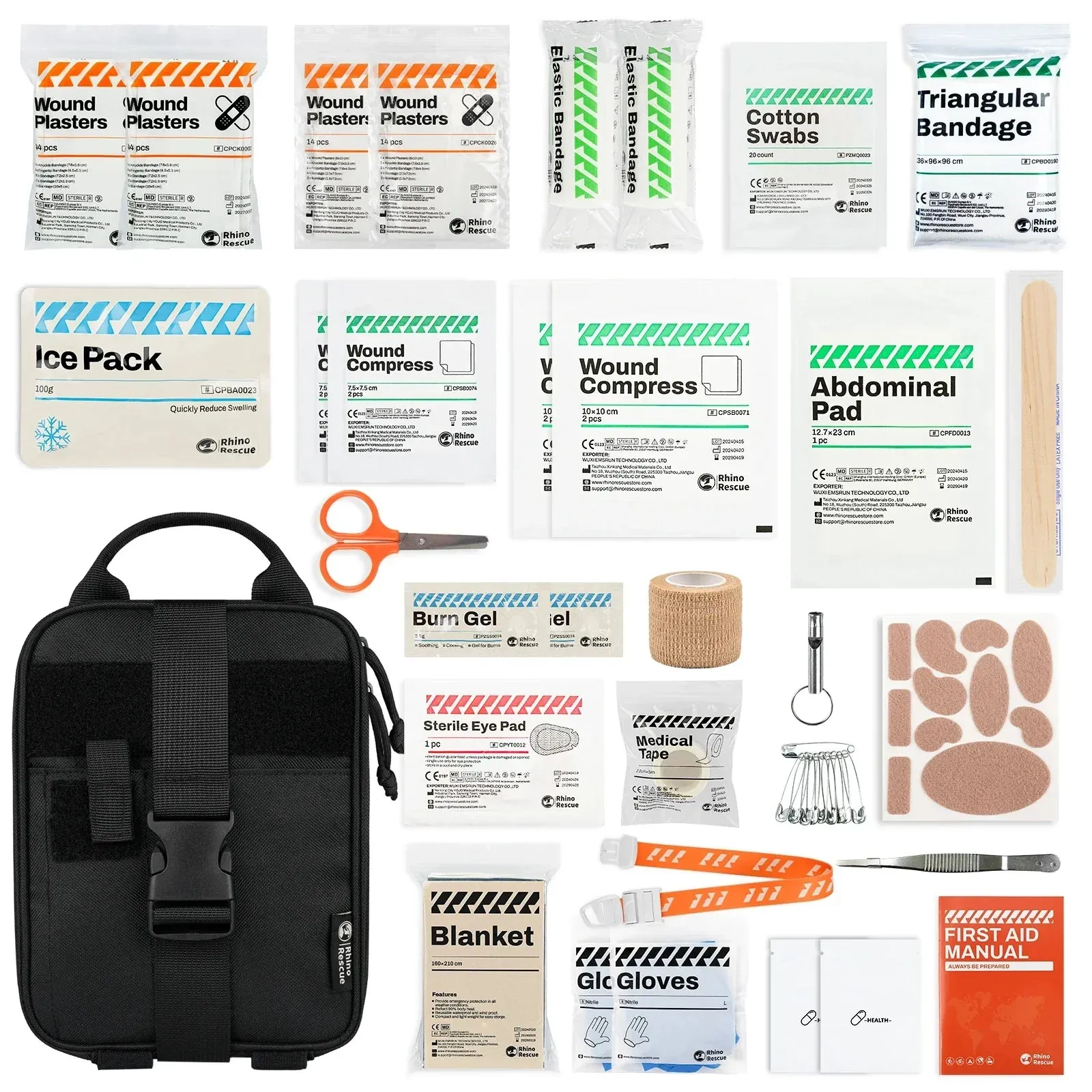 Rhino First Aid Survival Kit Bag IFAK Pouch Supplied Camping Kit with 152 EMT Items For Emergency Outdoors Full kit