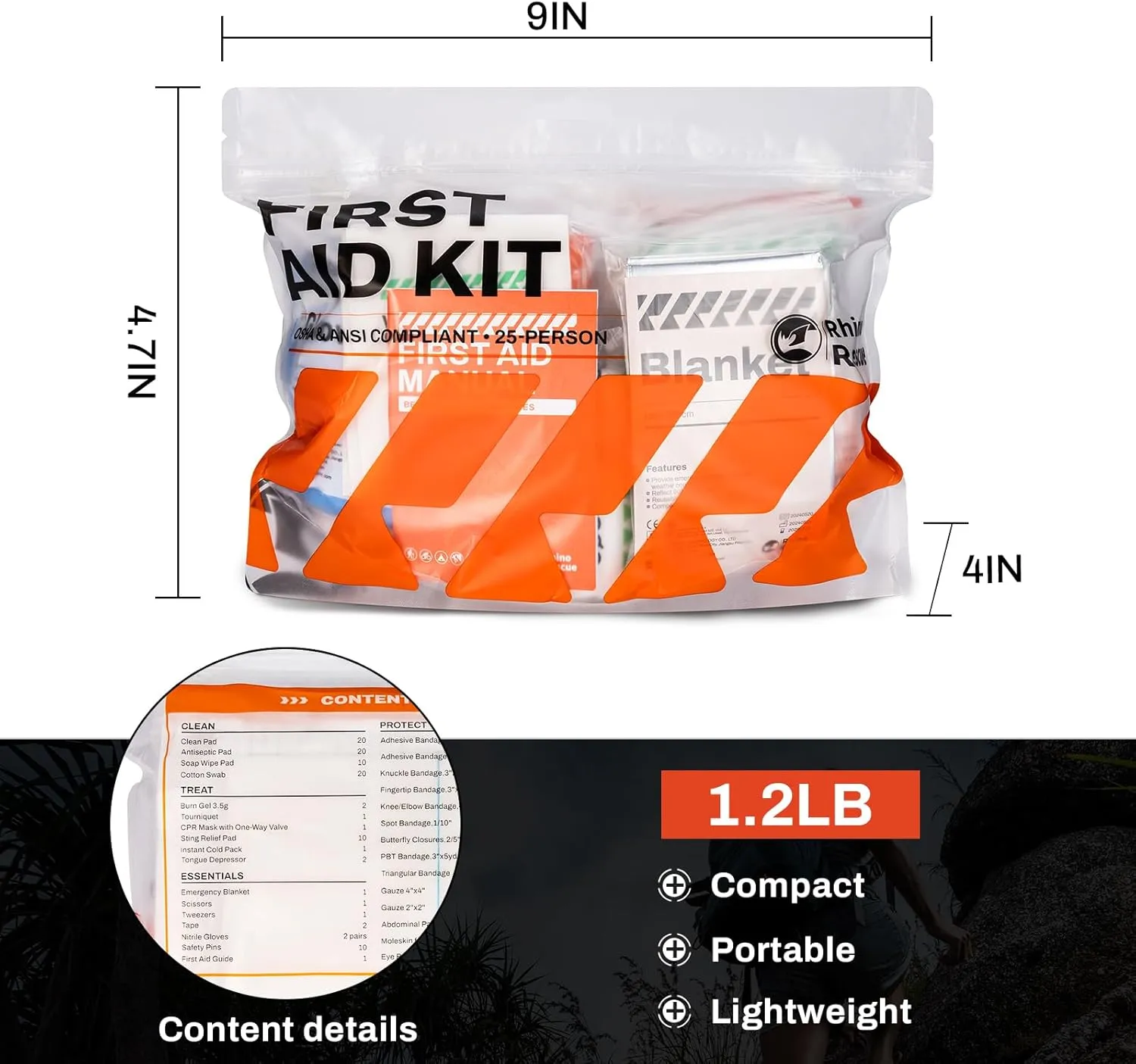 RHINO RESCUE 220 Pieces First Aid Kit Refill Bag, Emergency Extra Replacement Supplies, Includes Medical Bandages, Gauzes & Pads for Home, School & Car FSA HSA Eligible