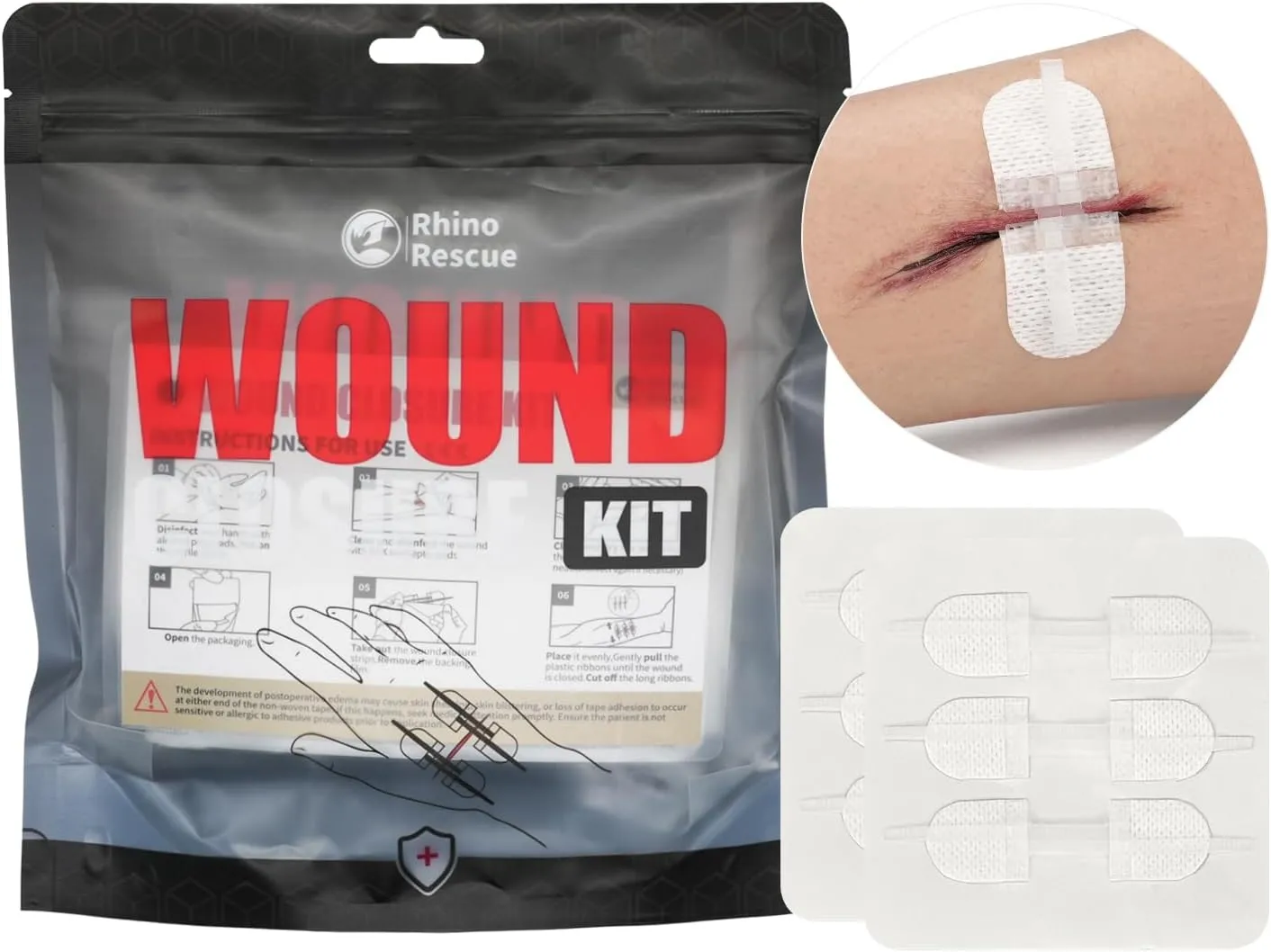 RHINO RESCUE Wound Closure Kit, 6pcs with Dresssings, Wound Closure Strips Without Suture, Stitch Zip Laceration Closure Kit for Cut Care, Adhesive Wound Closure Bandages, HSA/FSA Eligible