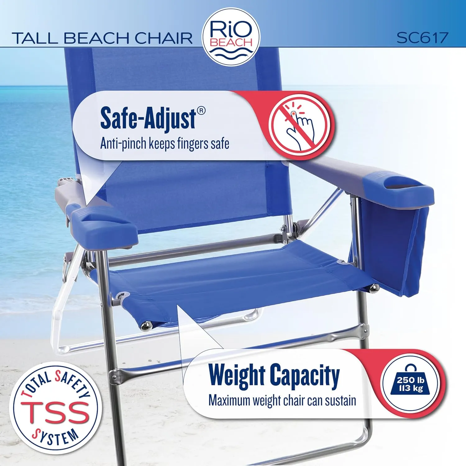 Rio Brands 17" Extended Height 4-Position Folding Beach, Camping, Lawn Chair, Stripe