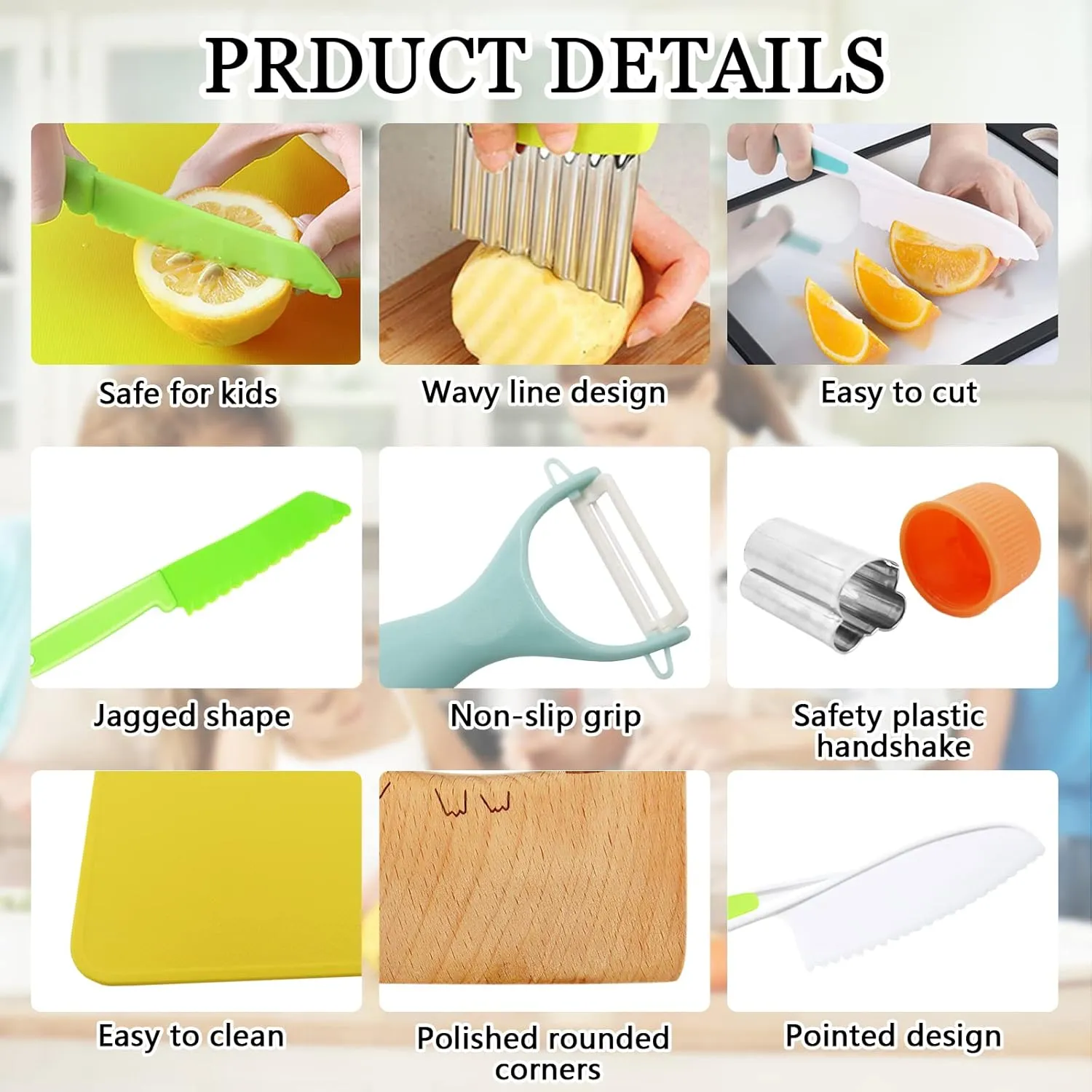 RISICULIS 11 Pieces Wooden Kids Kitchen Knife, Kids Kitchen Set Include Wood Knife, Serrated Edges Plastic Toddler Knife, Crinkle Cutter, Sandwich Cutter, Y Peeler, Cutting Board