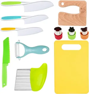 RISICULIS 11 Pieces Wooden Kids Kitchen Knife, Kids Kitchen Set Include Wood Knife, Serrated Edges Plastic Toddler Knife, Crinkle Cutter, Sandwich Cutter, Y Peeler, Cutting Board