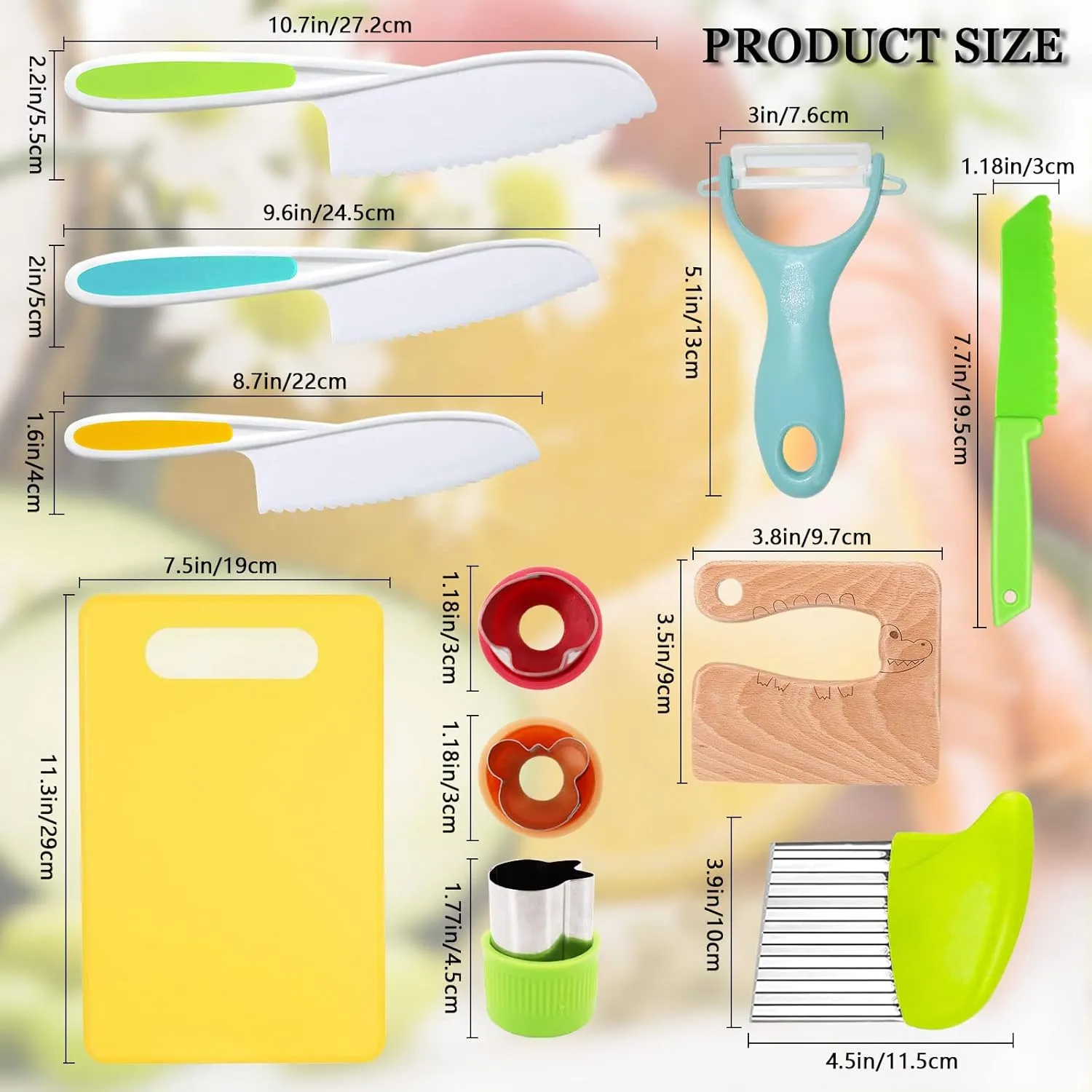 RISICULIS 11 Pieces Wooden Kids Kitchen Knife, Kids Kitchen Set Include Wood Knife, Serrated Edges Plastic Toddler Knife, Crinkle Cutter, Sandwich Cutter, Y Peeler, Cutting Board