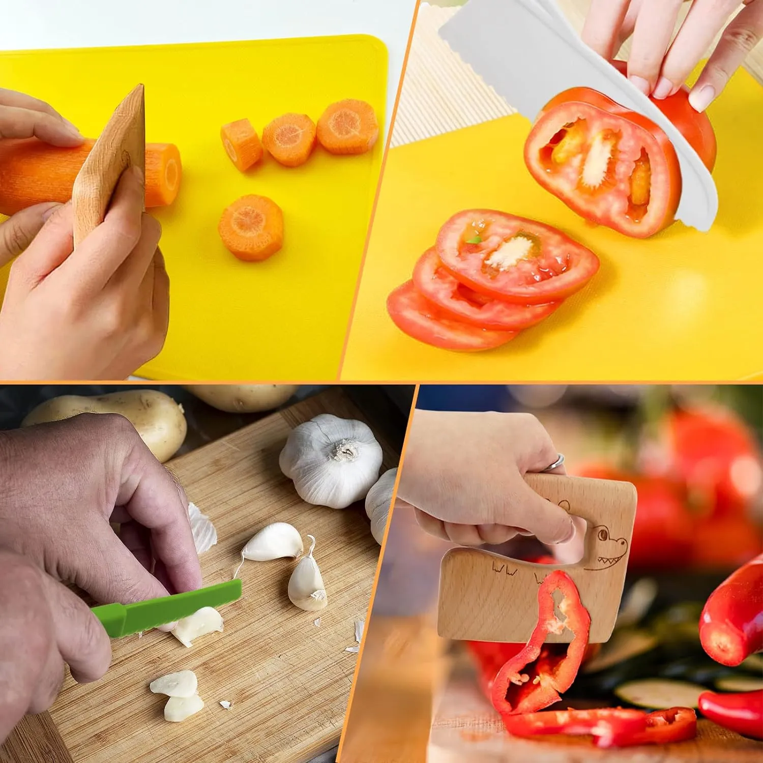 RISICULIS 11 Pieces Wooden Kids Kitchen Knife, Kids Kitchen Set Include Wood Knife, Serrated Edges Plastic Toddler Knife, Crinkle Cutter, Sandwich Cutter, Y Peeler, Cutting Board
