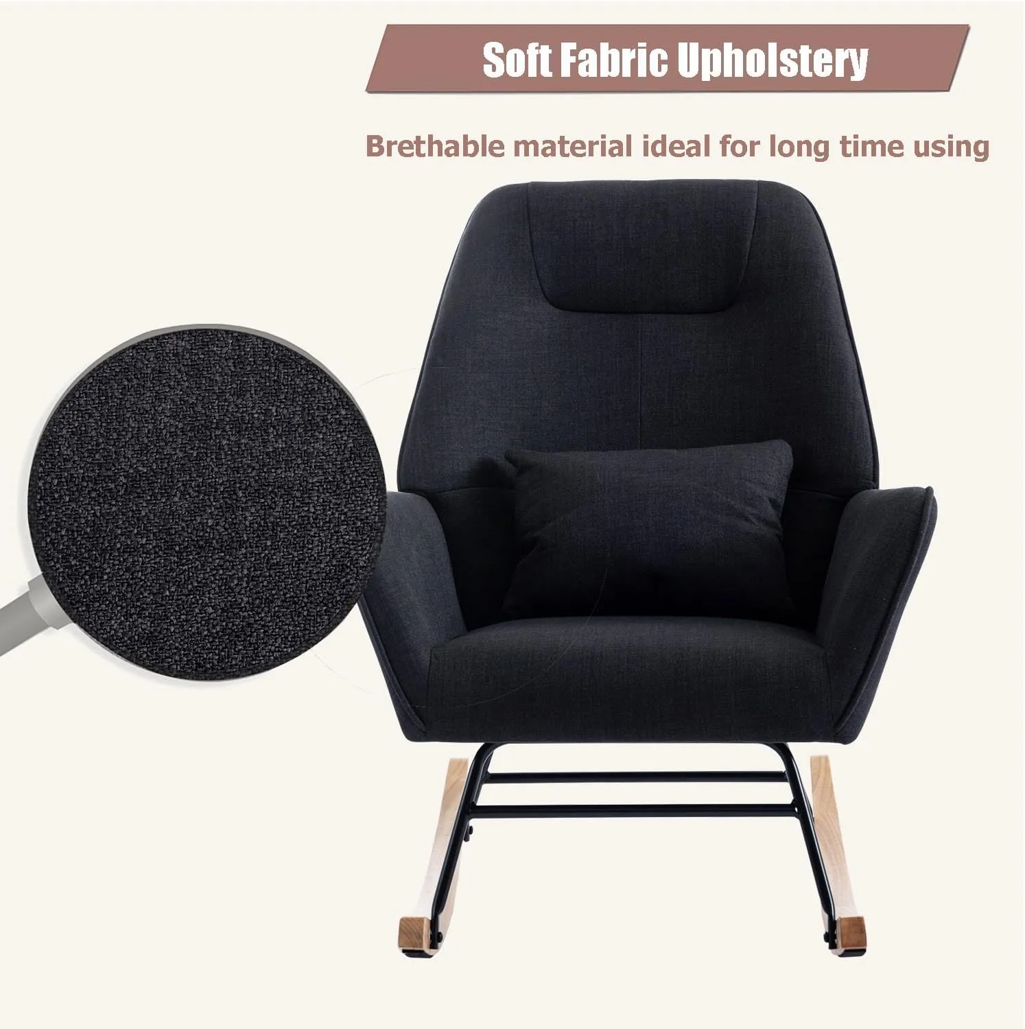 Rocking Chair with Ottoman and Pillow, Glider Rocker Chair, Modern Accent Arm Chair Lounger for Living Room/Bedroom/Nursery, High Back, Solid Hardwood Base, Black