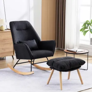 Rocking Chair with Ottoman and Pillow, Glider Rocker Chair, Modern Accent Arm Chair Lounger for Living Room/Bedroom/Nursery, High Back, Solid Hardwood Base, Black