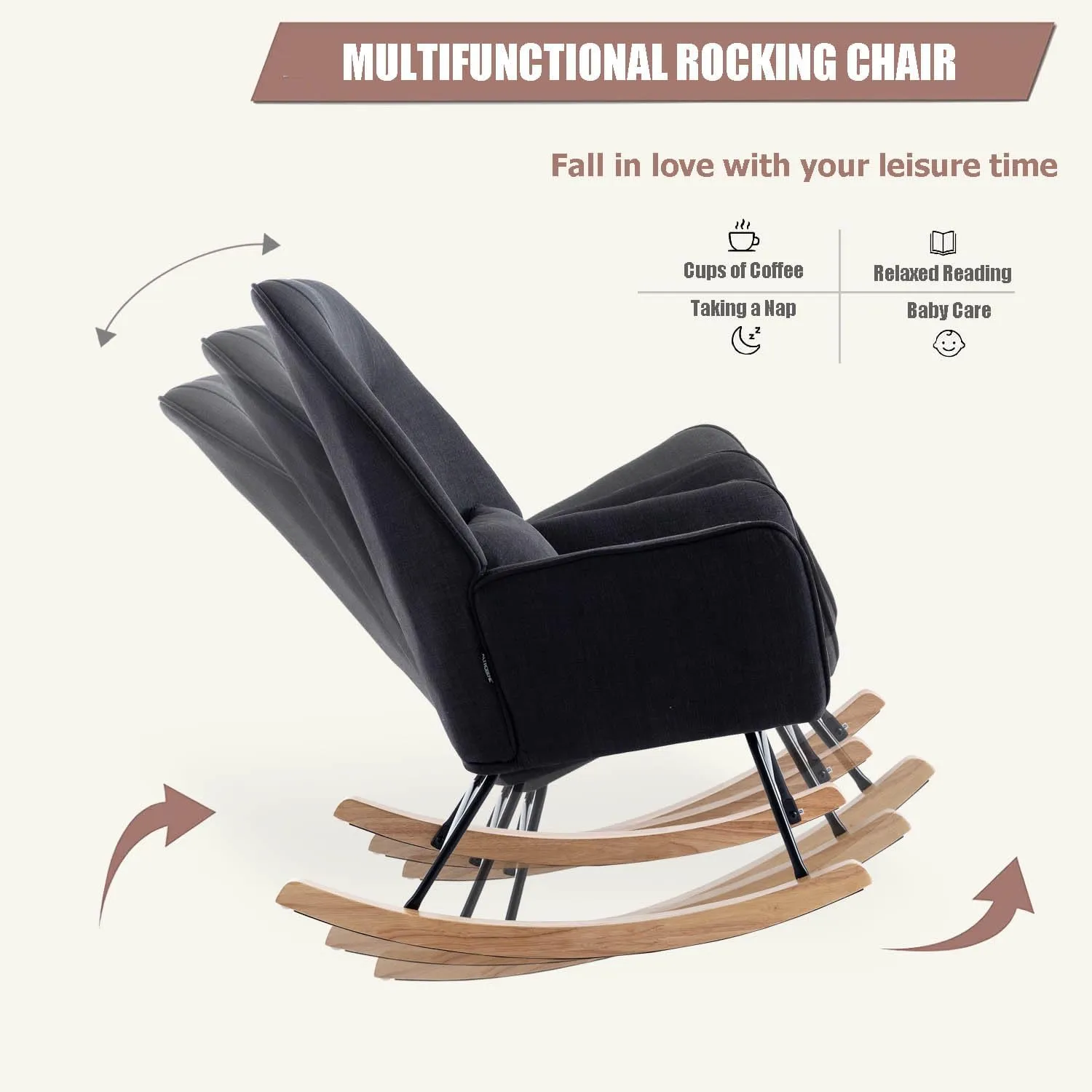 Rocking Chair with Ottoman and Pillow, Glider Rocker Chair, Modern Accent Arm Chair Lounger for Living Room/Bedroom/Nursery, High Back, Solid Hardwood Base, Black