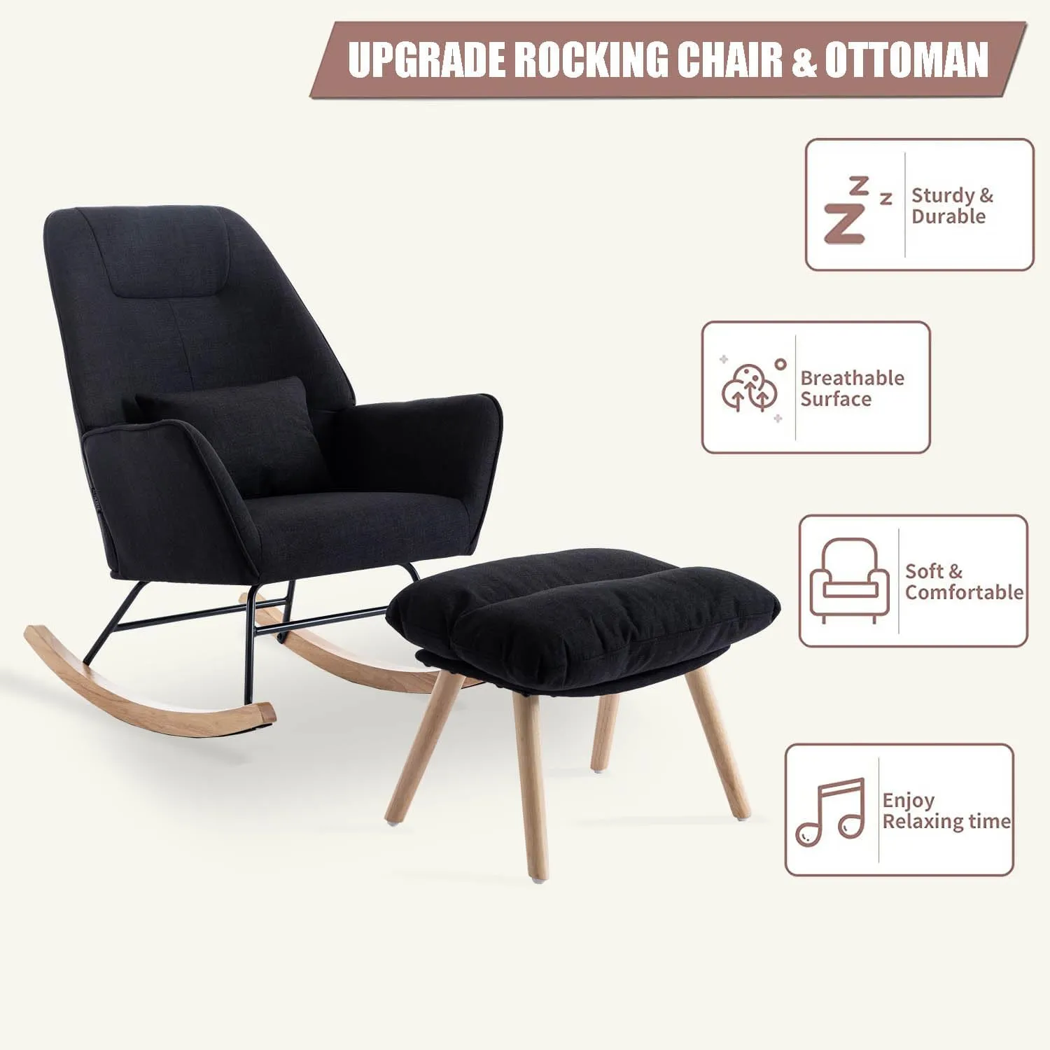 Rocking Chair with Ottoman and Pillow, Glider Rocker Chair, Modern Accent Arm Chair Lounger for Living Room/Bedroom/Nursery, High Back, Solid Hardwood Base, Black