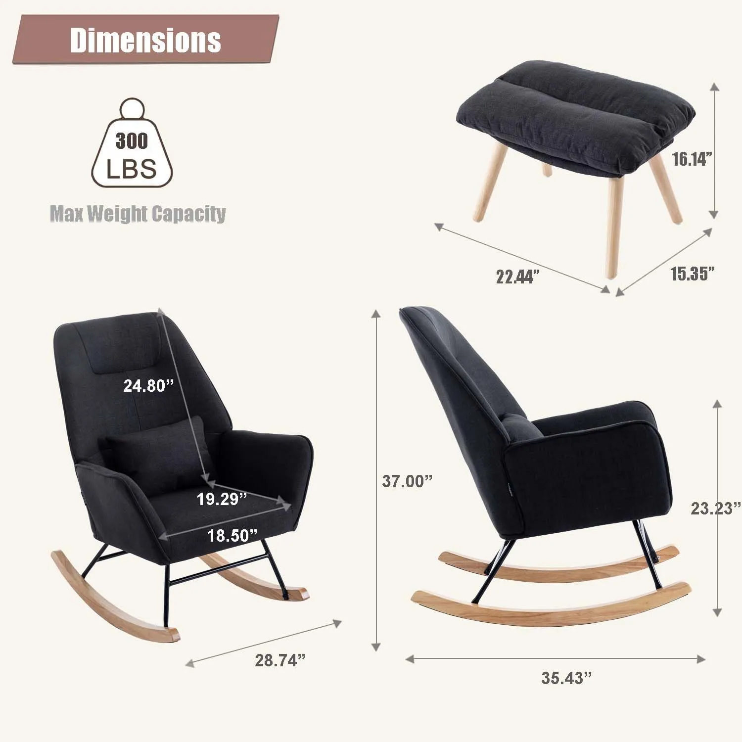 Rocking Chair with Ottoman and Pillow, Glider Rocker Chair, Modern Accent Arm Chair Lounger for Living Room/Bedroom/Nursery, High Back, Solid Hardwood Base, Black