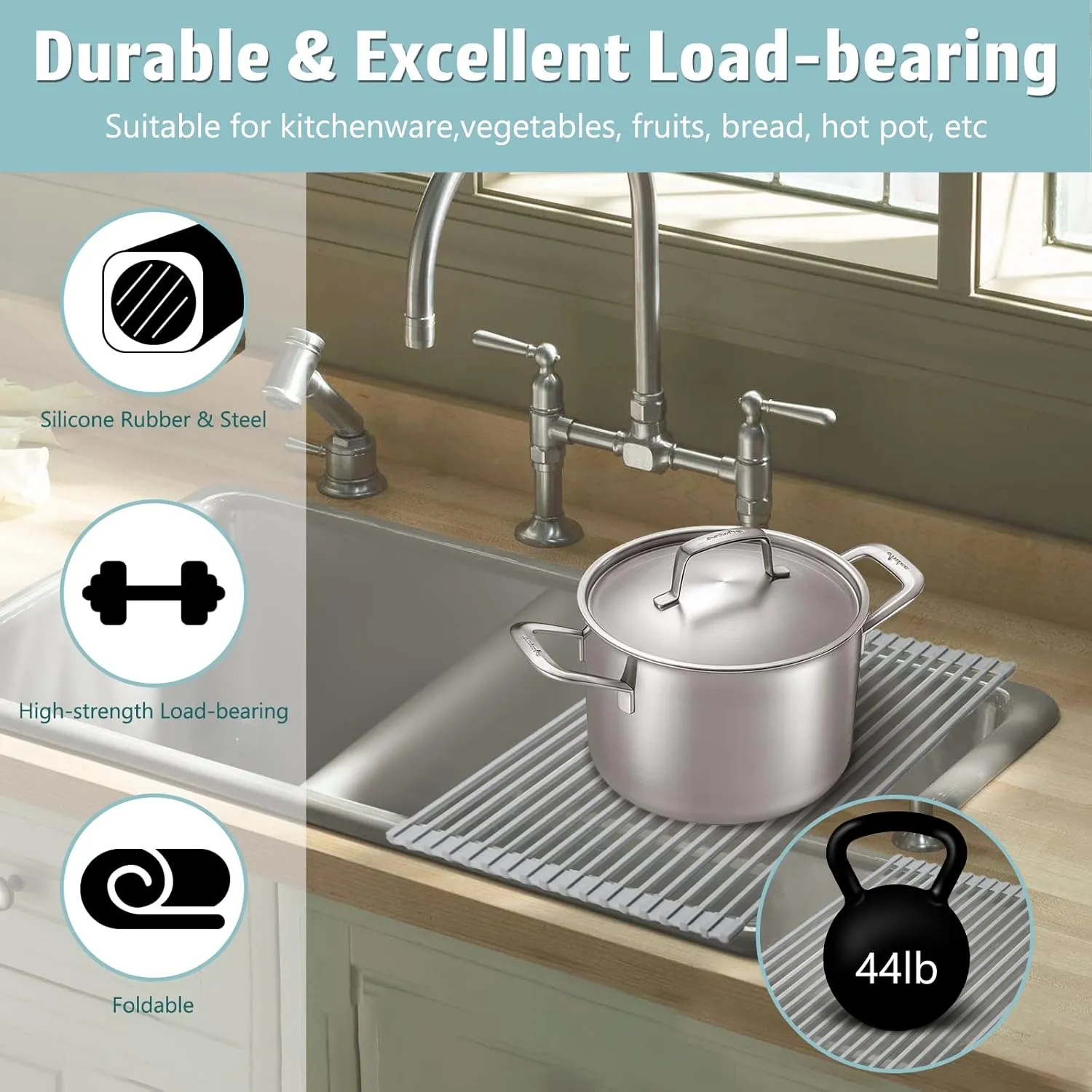 Roll Up Dish Drying Rack, Multifunctional Rollable Over Sink Dish Rack, Foldable Silicone Wrapped Steel Drain Rack for Kitchen Sink Counter, Large 20.47"(L) x 12.59"(W)