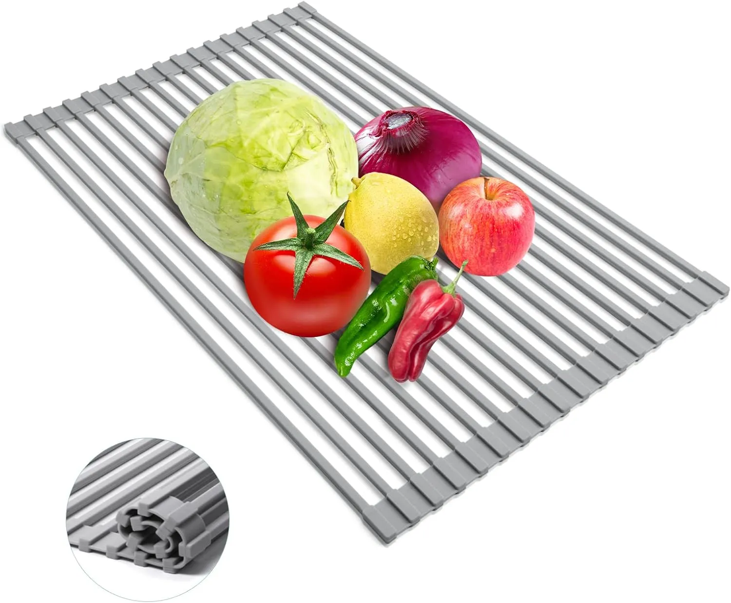 Roll Up Dish Drying Rack, Multifunctional Rollable Over Sink Dish Rack, Foldable Silicone Wrapped Steel Drain Rack for Kitchen Sink Counter, Large 20.47"(L) x 12.59"(W)