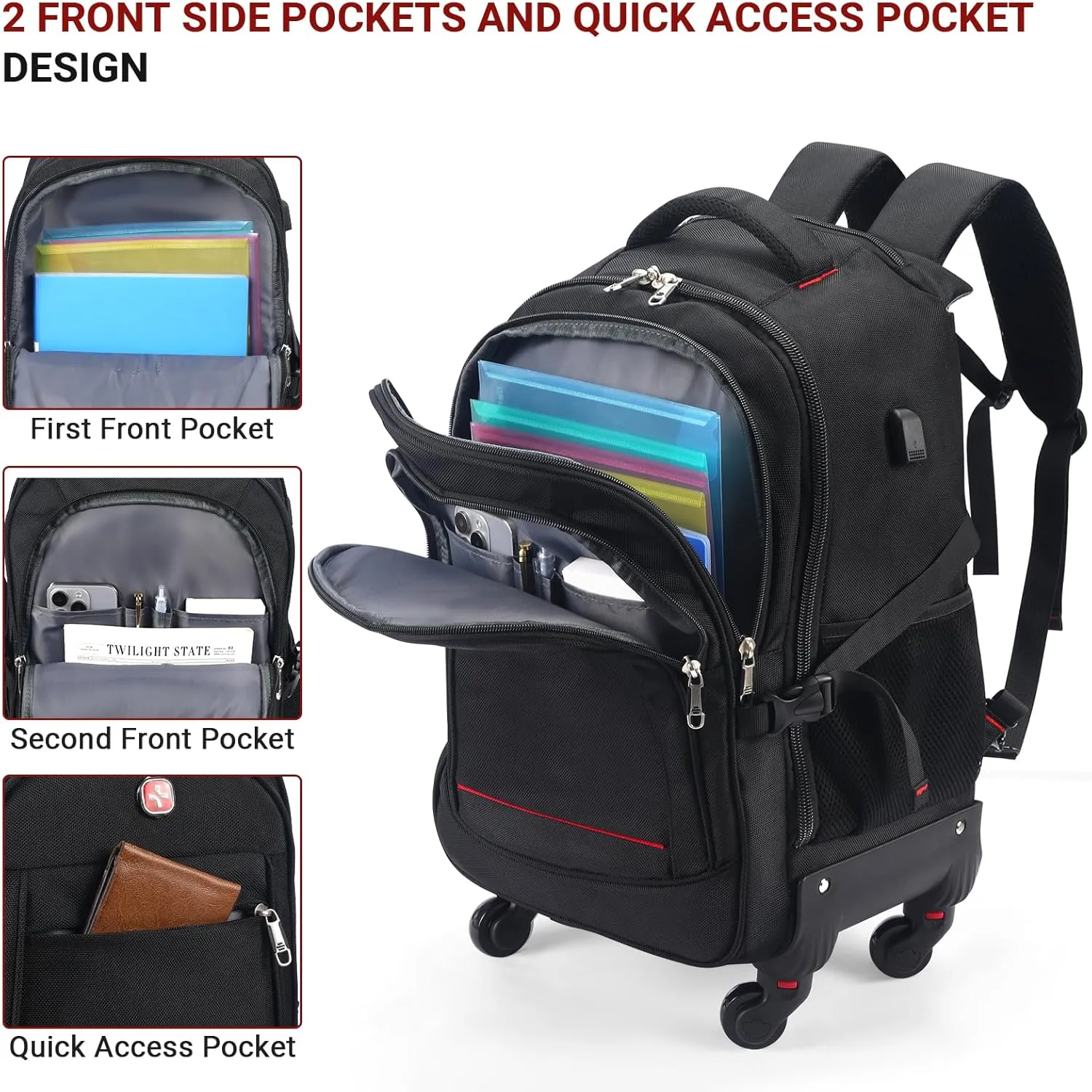Rolling Backpack with Wheels - Water-Resistant, Airline Approved Underseat Travel Luggage, Ideal 18*14*8 Personal Item Suitcase, Wheeled Backpack, Roller Backpack, and Rolling Laptop Bag