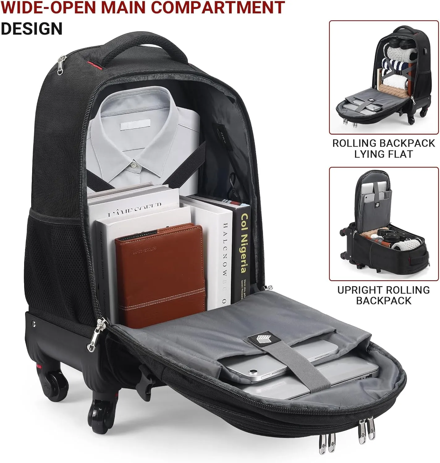 Rolling Backpack with Wheels - Water-Resistant, Airline Approved Underseat Travel Luggage, Ideal 18*14*8 Personal Item Suitcase, Wheeled Backpack, Roller Backpack, and Rolling Laptop Bag
