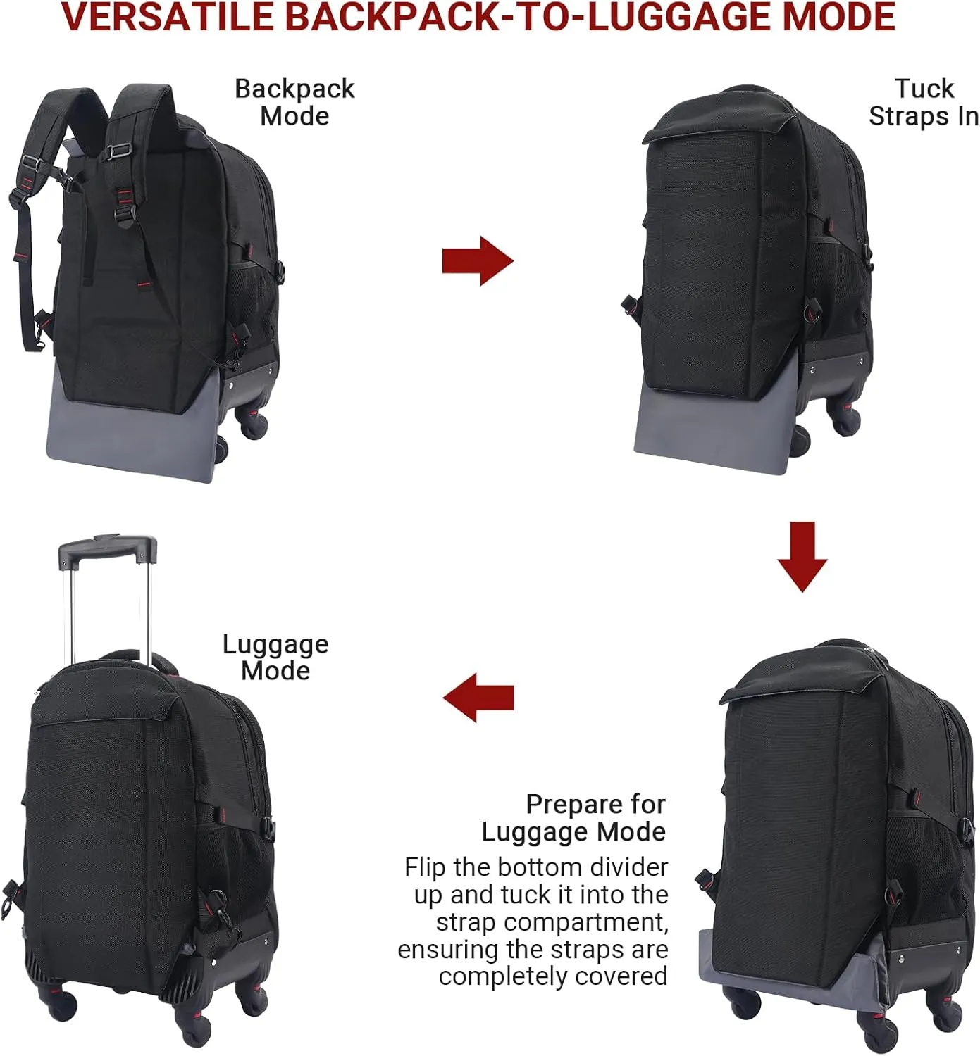 Rolling Backpack with Wheels - Water-Resistant, Airline Approved Underseat Travel Luggage, Ideal 18*14*8 Personal Item Suitcase, Wheeled Backpack, Roller Backpack, and Rolling Laptop Bag
