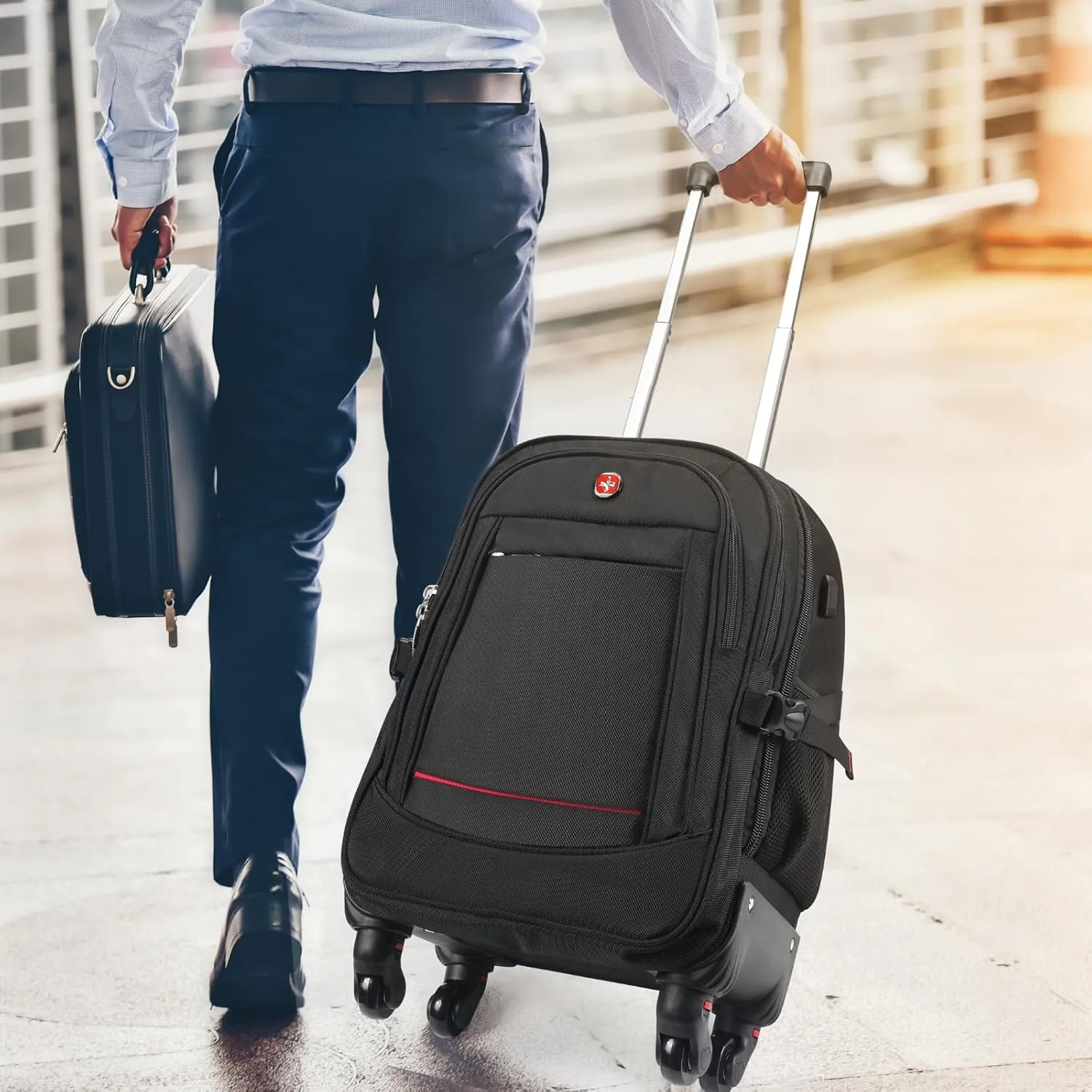 Rolling Backpack with Wheels - Water-Resistant, Airline Approved Underseat Travel Luggage, Ideal 18*14*8 Personal Item Suitcase, Wheeled Backpack, Roller Backpack, and Rolling Laptop Bag