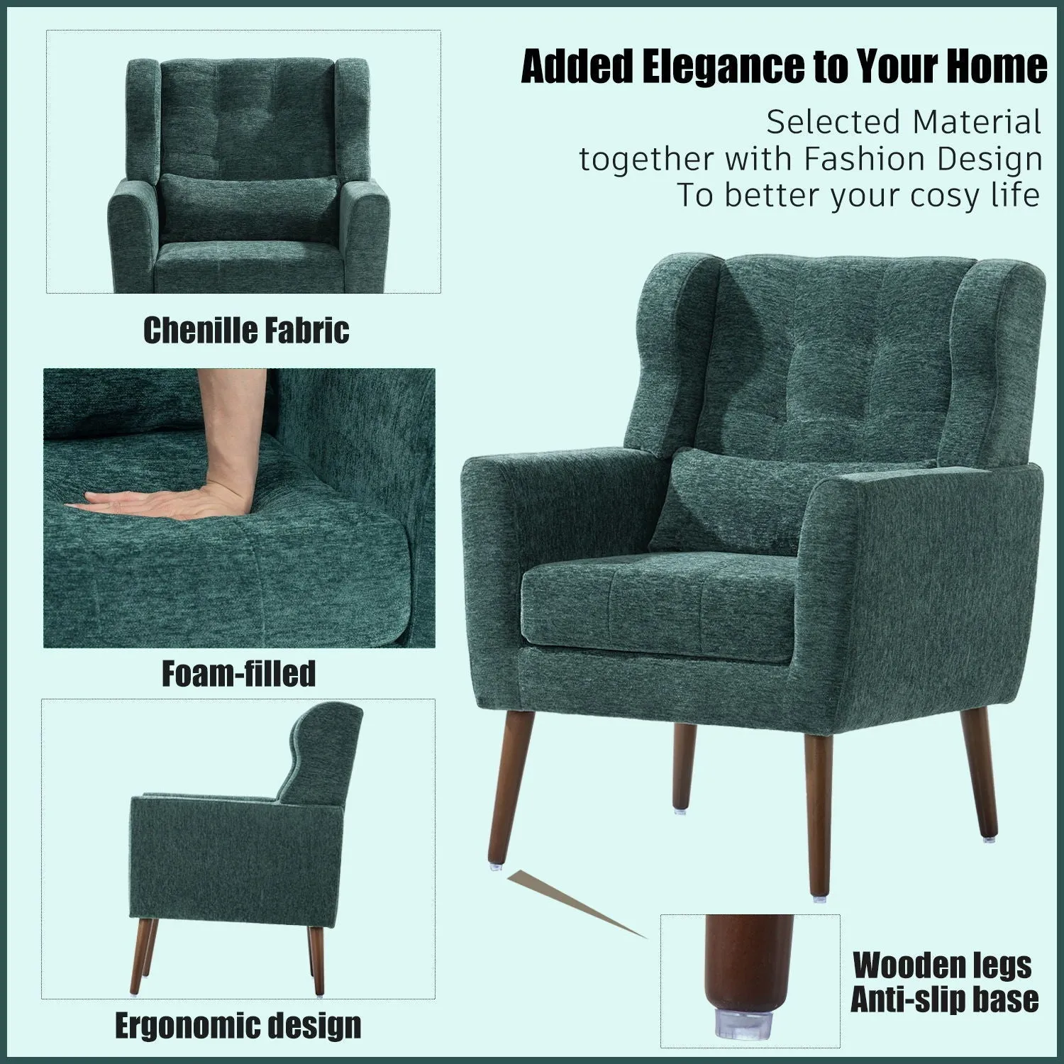 Room, Arm Lounge For Pillow, Chair Armchair, Comfy Wood Powerful Upholstered Mordern With Bedroom, Padded Site-wide sale Modern Leg Space, Chenille Chair, Soft Chairs In Accent Small Living Solid