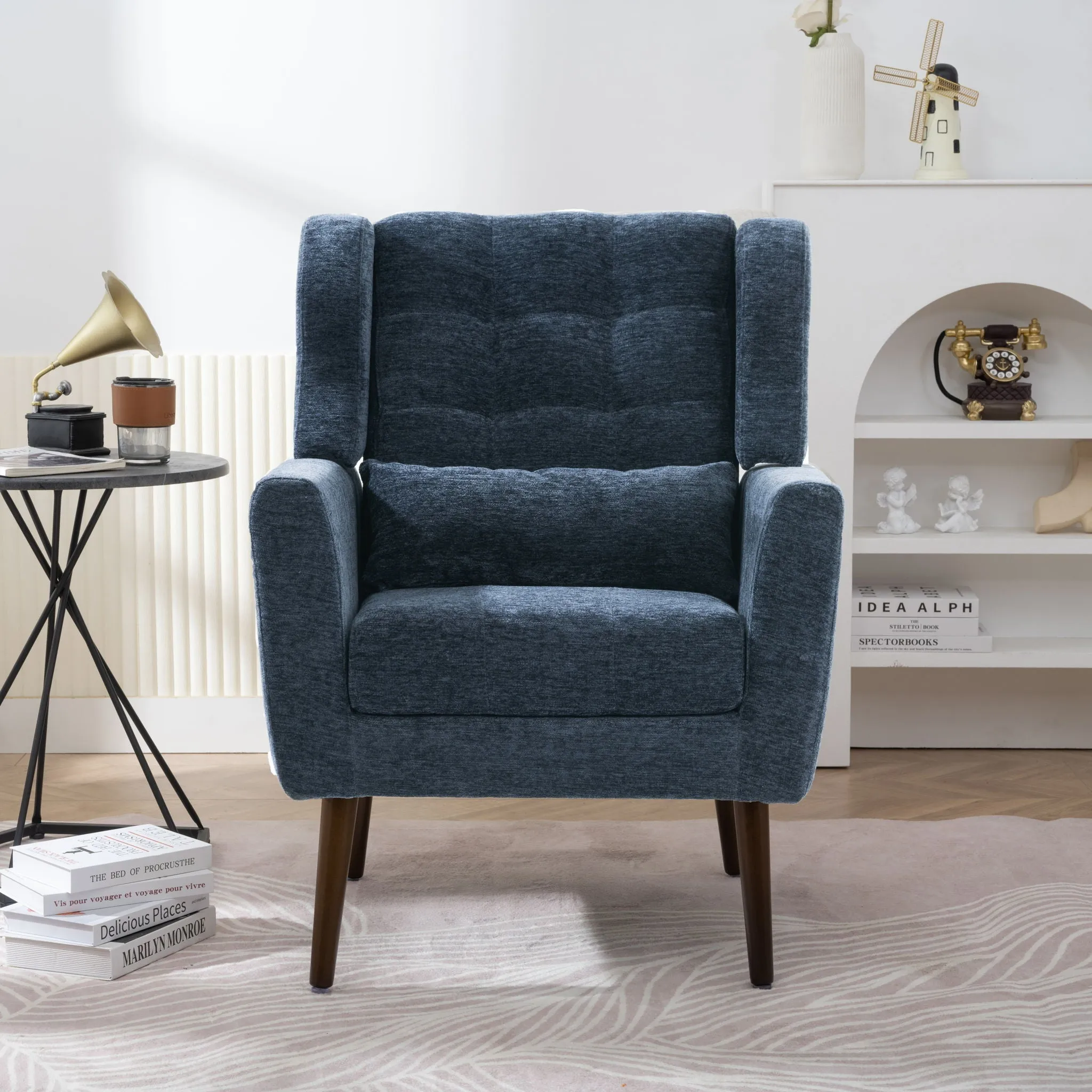 Room, Arm Lounge For Pillow, Chair Armchair, Comfy Wood Powerful Upholstered Mordern With Bedroom, Padded Site-wide sale Modern Leg Space, Chenille Chair, Soft Chairs In Accent Small Living Solid