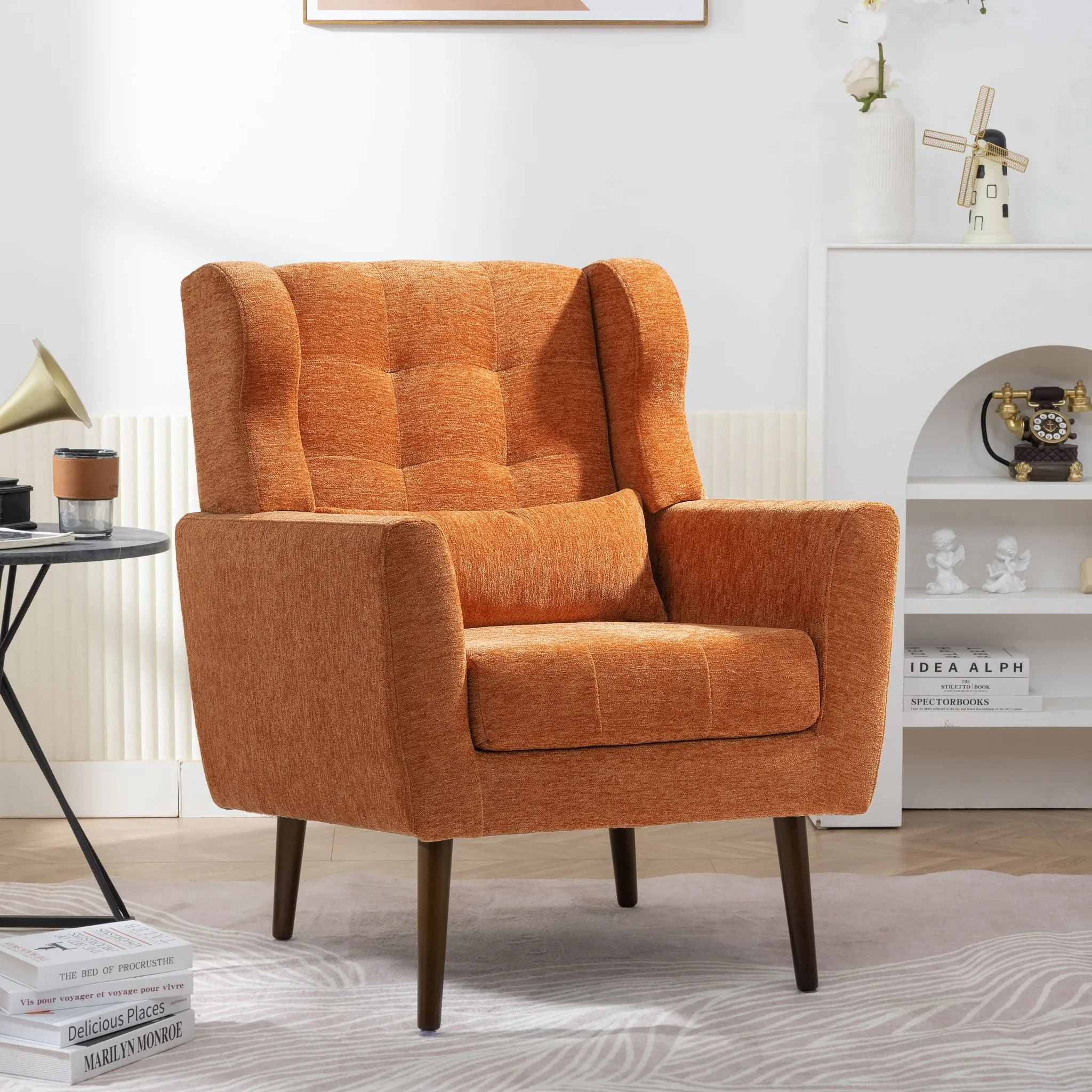 Room, Arm Lounge For Pillow, Chair Armchair, Comfy Wood Powerful Upholstered Mordern With Bedroom, Padded Site-wide sale Modern Leg Space, Chenille Chair, Soft Chairs In Accent Small Living Solid