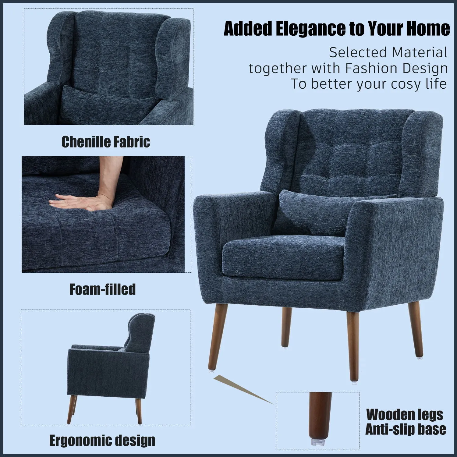 Room, Arm Lounge For Pillow, Chair Armchair, Comfy Wood Powerful Upholstered Mordern With Bedroom, Padded Site-wide sale Modern Leg Space, Chenille Chair, Soft Chairs In Accent Small Living Solid