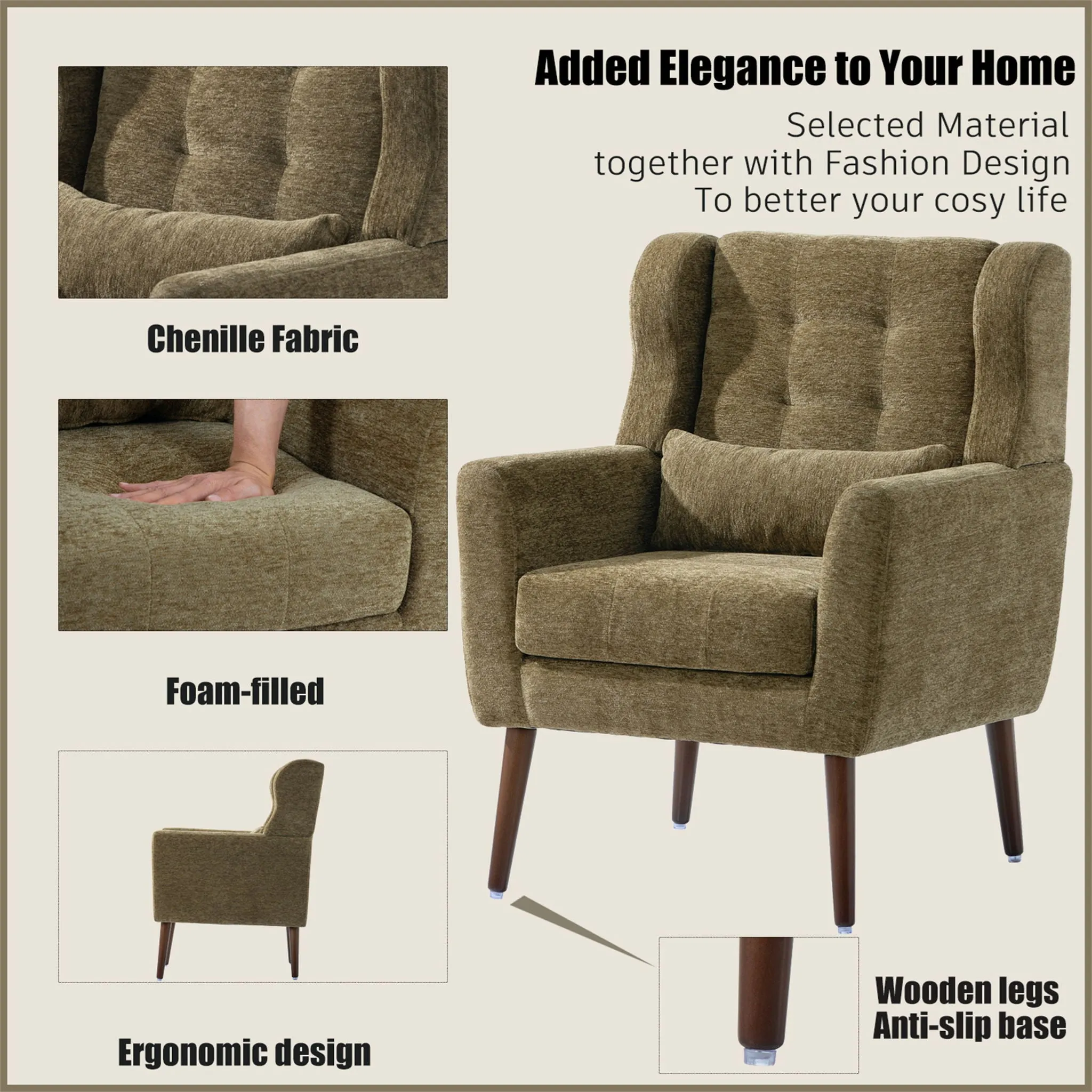 Room, Arm Lounge For Pillow, Chair Armchair, Comfy Wood Powerful Upholstered Mordern With Bedroom, Padded Site-wide sale Modern Leg Space, Chenille Chair, Soft Chairs In Accent Small Living Solid