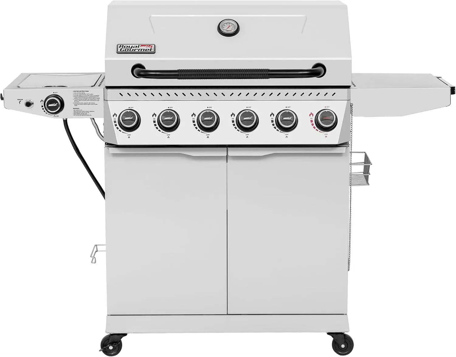 Royal Gourmet GA6406W 6 Burner Propane Gas Grill with Foldable Right-Side Table, 74,000 BTUs, Cabinet Style Gas BBQ Grill with Side Burner for Barbecue Grilling & Backyard Cooking, White