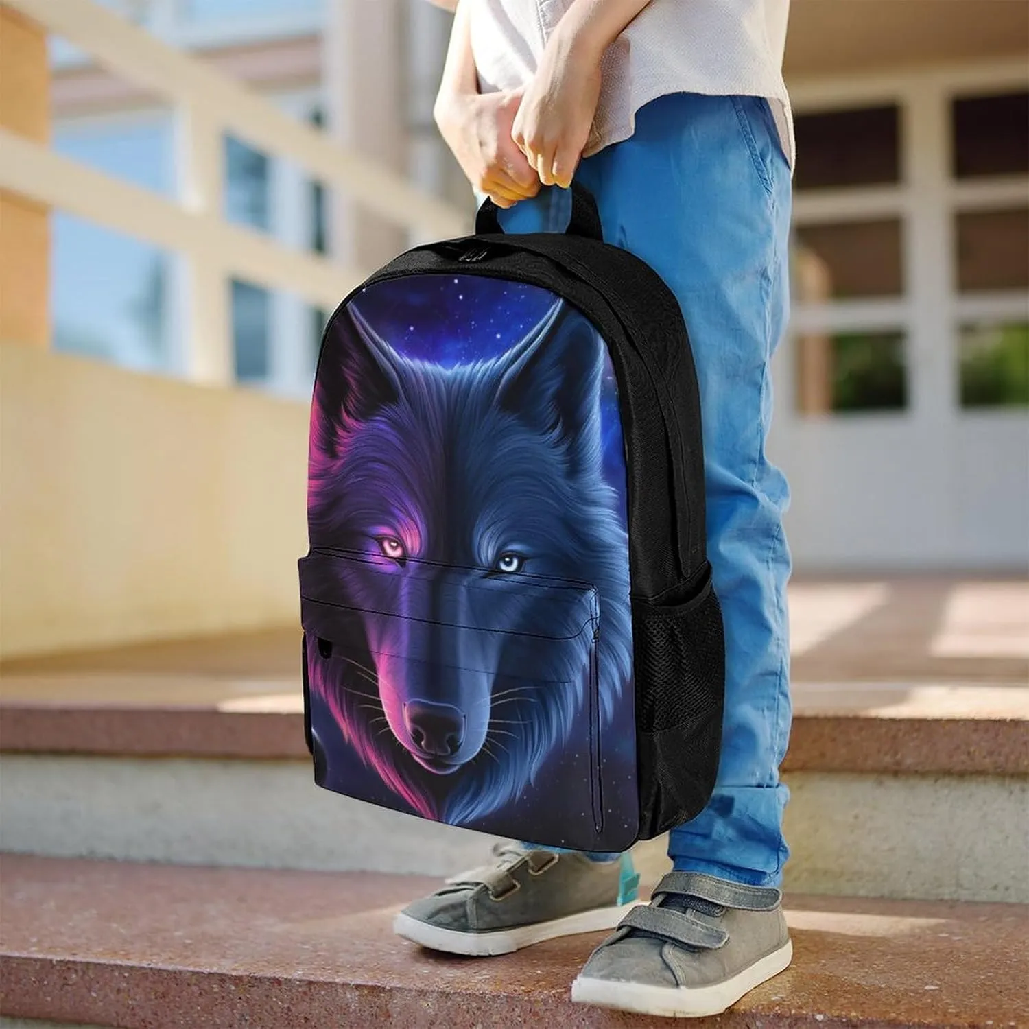 Rucksacks Multipurpose Anti-Theft Big Capacity Bookbag - Pink And Blue Cool Wolf Moon Art Travel Hiking & Camping Rucksack With Padded Straps