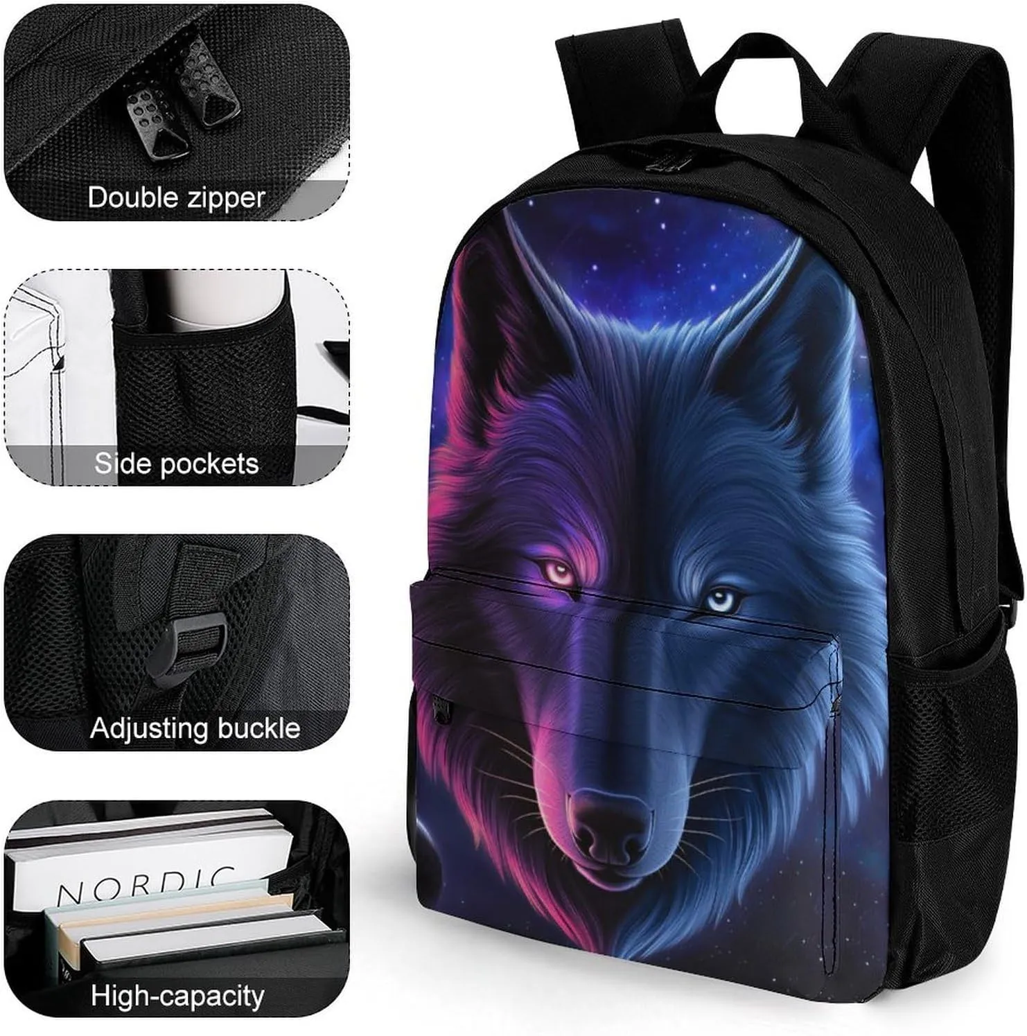 Rucksacks Multipurpose Anti-Theft Big Capacity Bookbag - Pink And Blue Cool Wolf Moon Art Travel Hiking & Camping Rucksack With Padded Straps