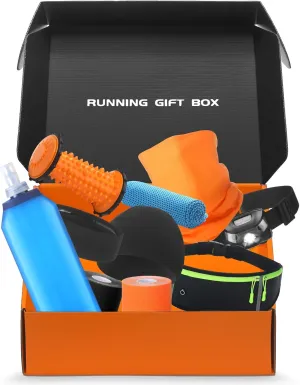 Running Gift Box for Runner 11 Running Gear Essentials for Men Women Runners Gifts for Runners Includes Head Lamp, Folding Water Bottle, Cooling Towel, Sweat Headband, Waist Bag, More