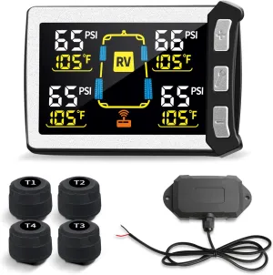 RV/Trailer Tire Pressure Monitoring System, Tire Pressure Monitor with Color LCD Display, TPMS with 4 Sensors for Travel Trailer/5th Wheel/Camper, 0-87PSI with 120ft Transmission Distance