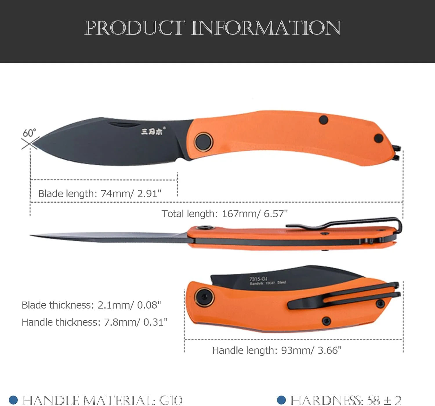 Sanrenmu Pocket Folding Knife with Clip 6.57" Opened Foldable 2.91" 12C27 Steel Blade Utility Knife G10 Handle for Outdoor Camping 7315 (Orange)