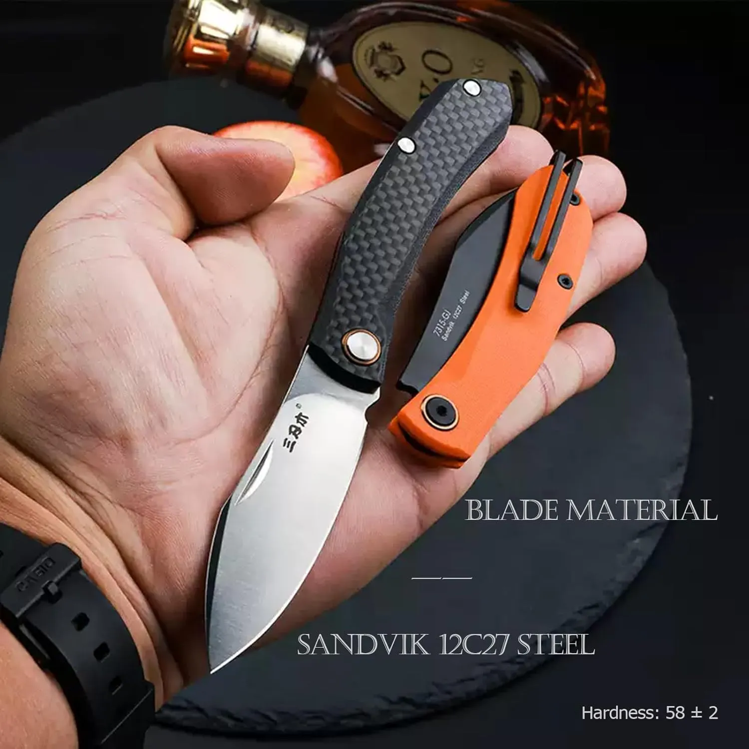 Sanrenmu Pocket Folding Knife with Clip 6.57" Opened Foldable 2.91" 12C27 Steel Blade Utility Knife G10 Handle for Outdoor Camping 7315 (Orange)