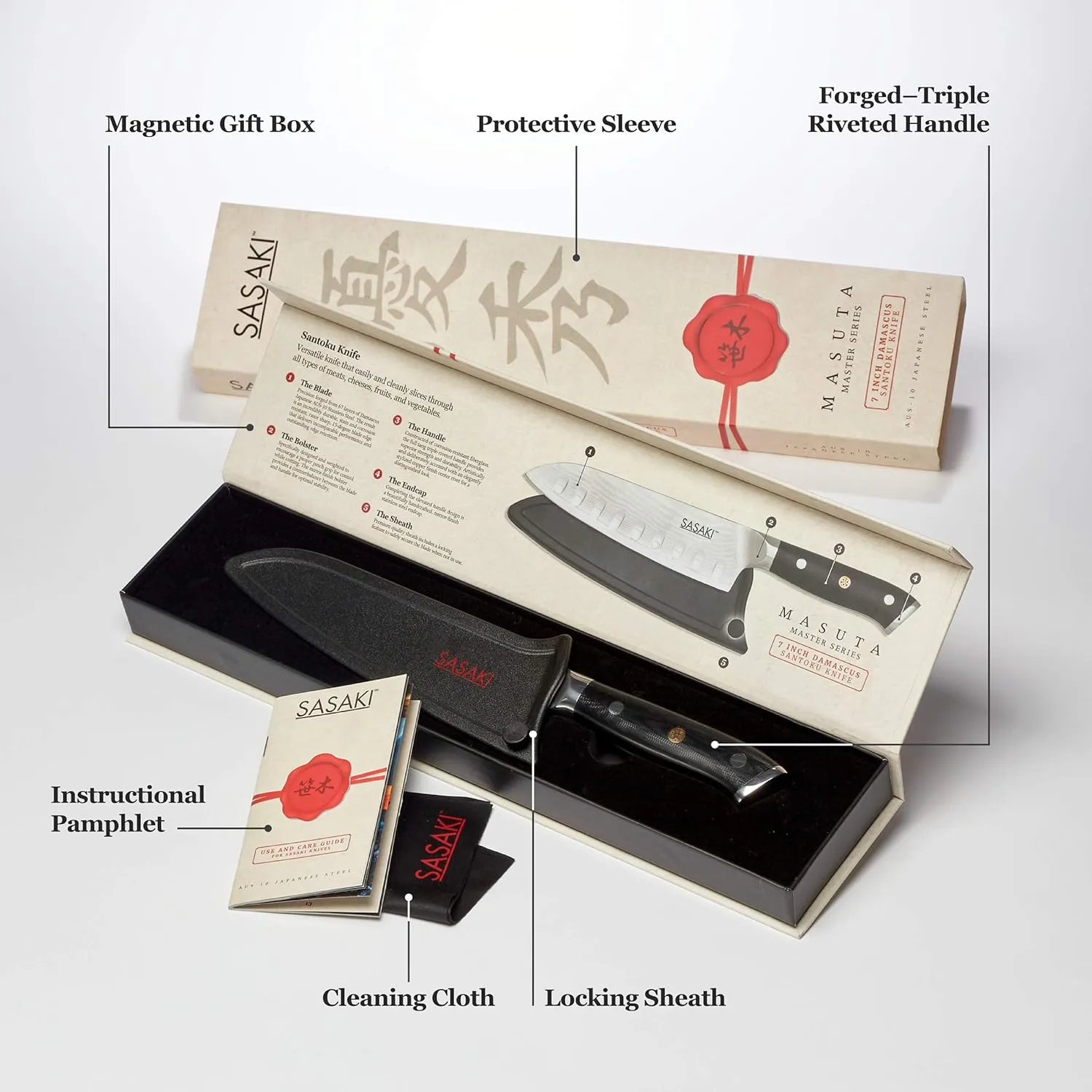 Sasaki Masuta Japanese AUS-10 Stainless Steel Santoku Knife with Locking Sheath, 7-Inch