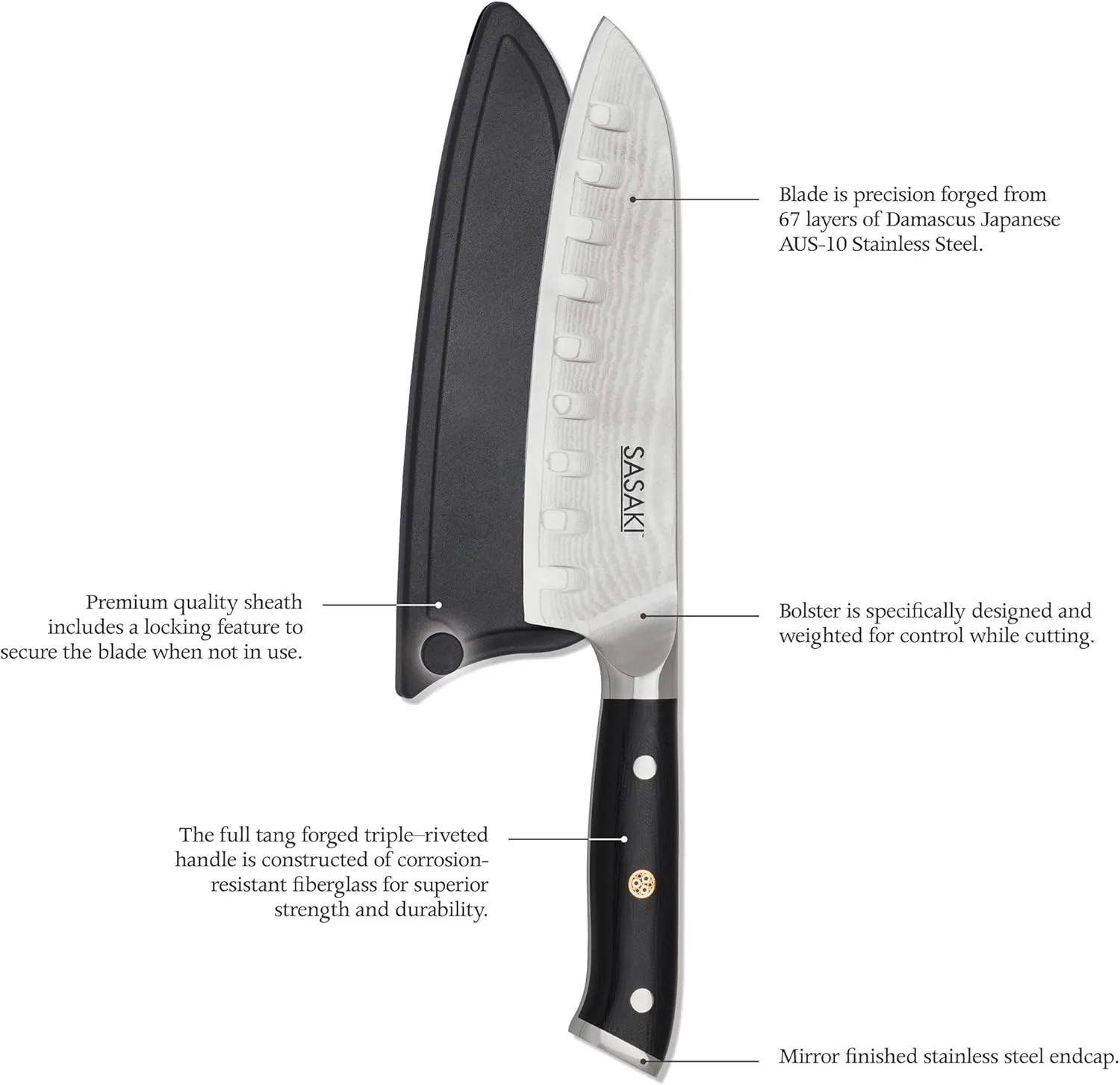Sasaki Masuta Japanese AUS-10 Stainless Steel Santoku Knife with Locking Sheath, 7-Inch