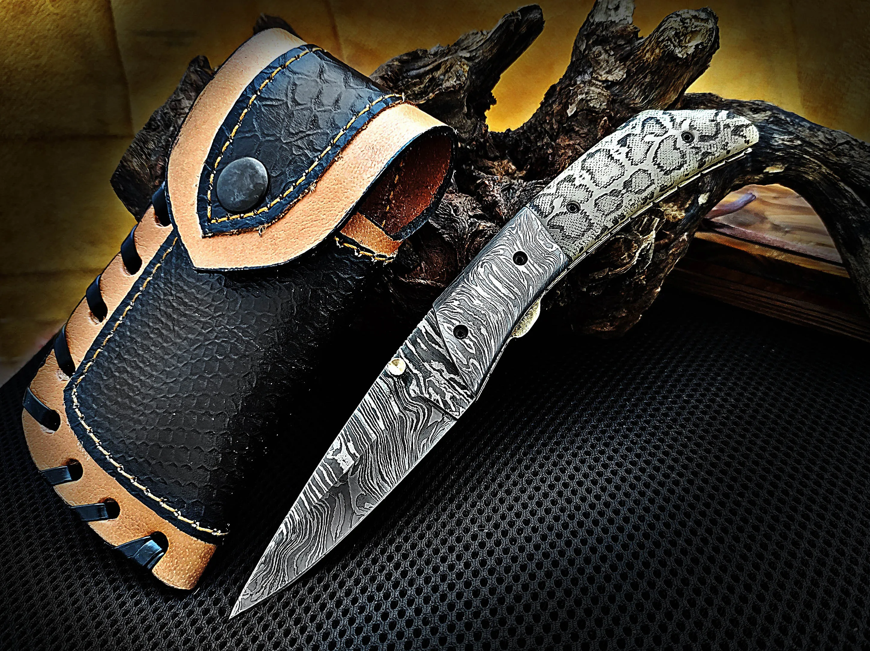 Scrimshaw on Camel Bone As Snake Skin Folding Pocket Knife Drop Point with Damascus Bolster Custom Handcrafted Damascus Steel 7.50 inches with Leather Sheath Great Gift for All Occasions CLKFOL1110